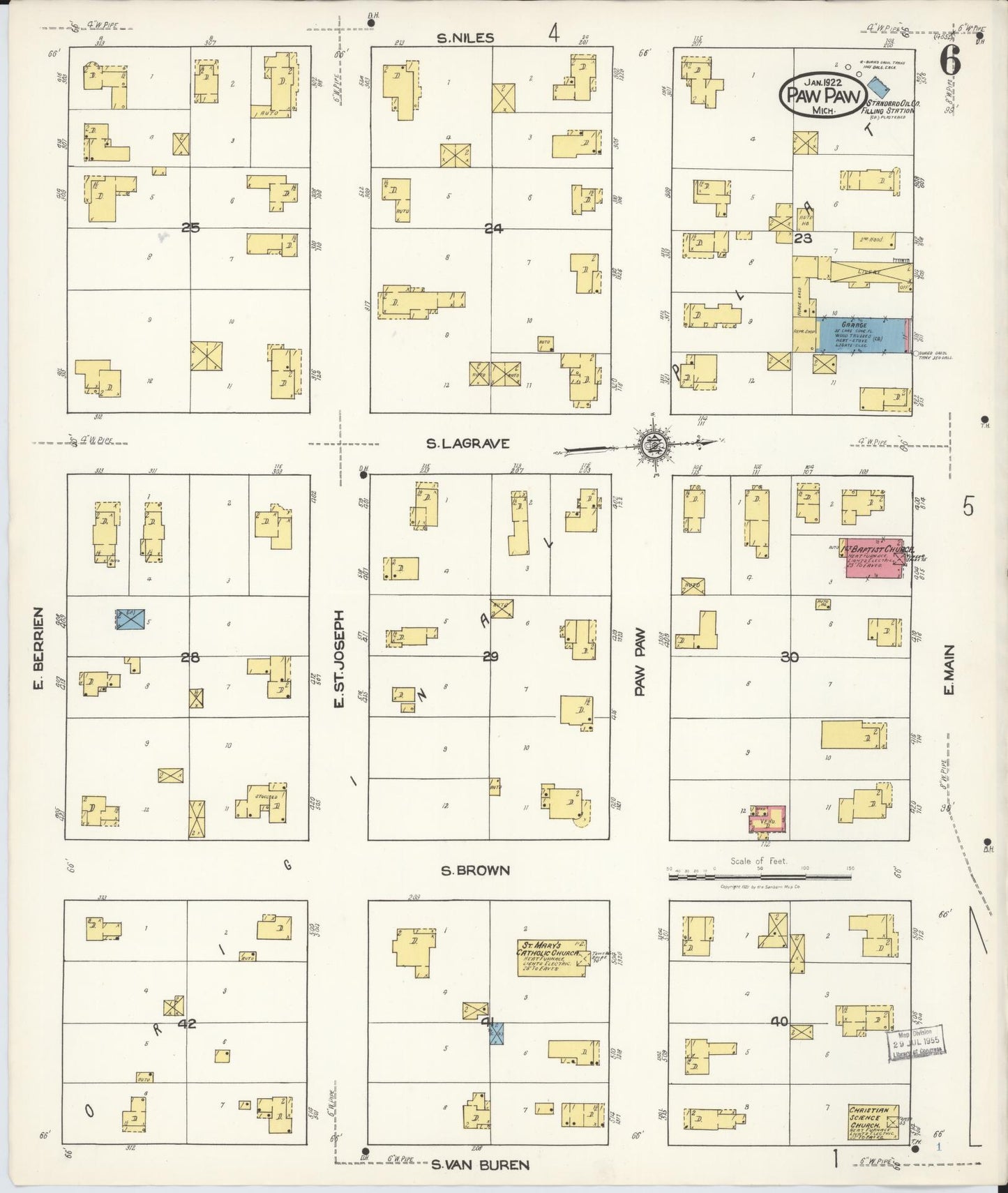 Sanborn Fire Insurance Map from Paw Paw, Van Buren County, Michigan (1922), Sheet #0006 - Complete Map Set gallery image, historic Sanborn map, vintage wall art, Michigan Michigan