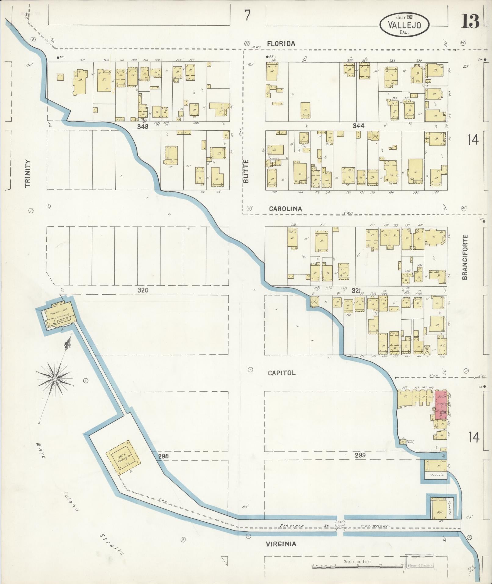 Sanborn Fire Insurance Map from Vallejo, Solano County, California (1901), Sheet #0013 - Complete Map Set gallery image, historic Sanborn map, vintage wall art, California California