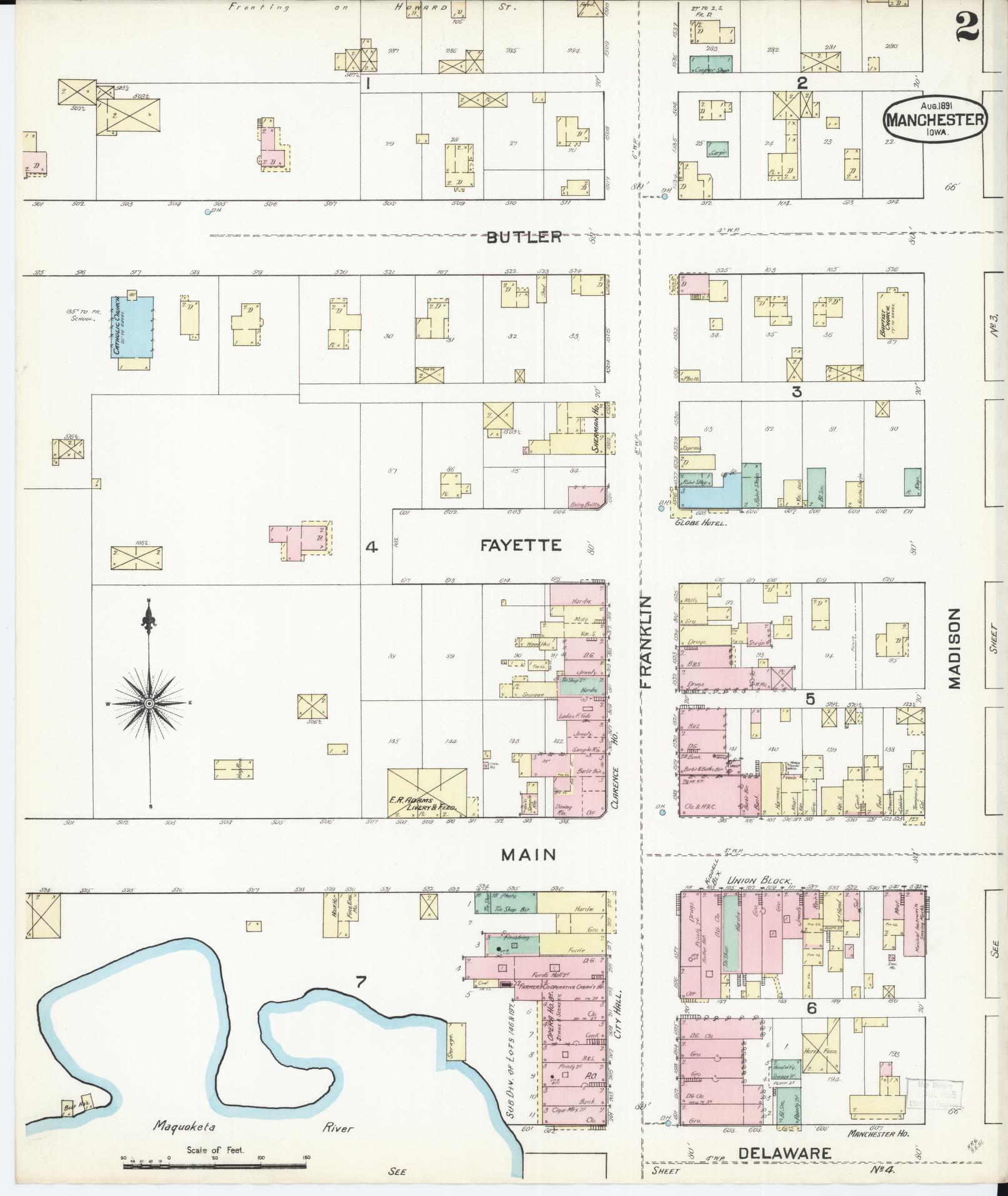 Sanborn Fire Insurance Map from Manchester, Delaware County, Iowa (1891), Sheet #0002 - Complete Map Set gallery image, historic Sanborn map, vintage wall art, Manchester Delaware