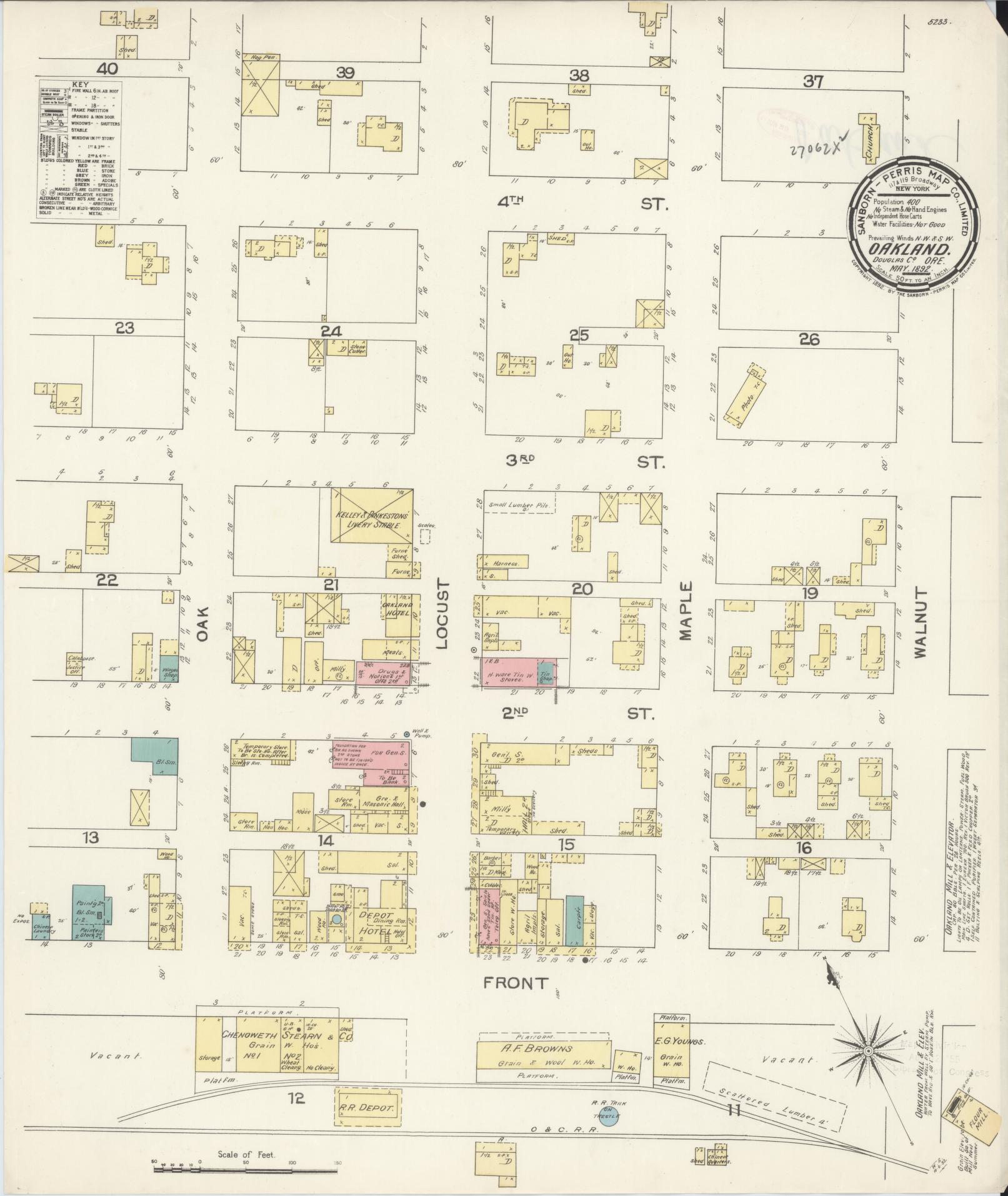 Sanborn Fire Insurance Map from Oakland, Douglas County, Oregon (1892), Sheet #0001 - Historic Sanborn Fire Insurance Map Print, vintage old map wall art, antique decor, genealogy gift, Oregon Oregon map