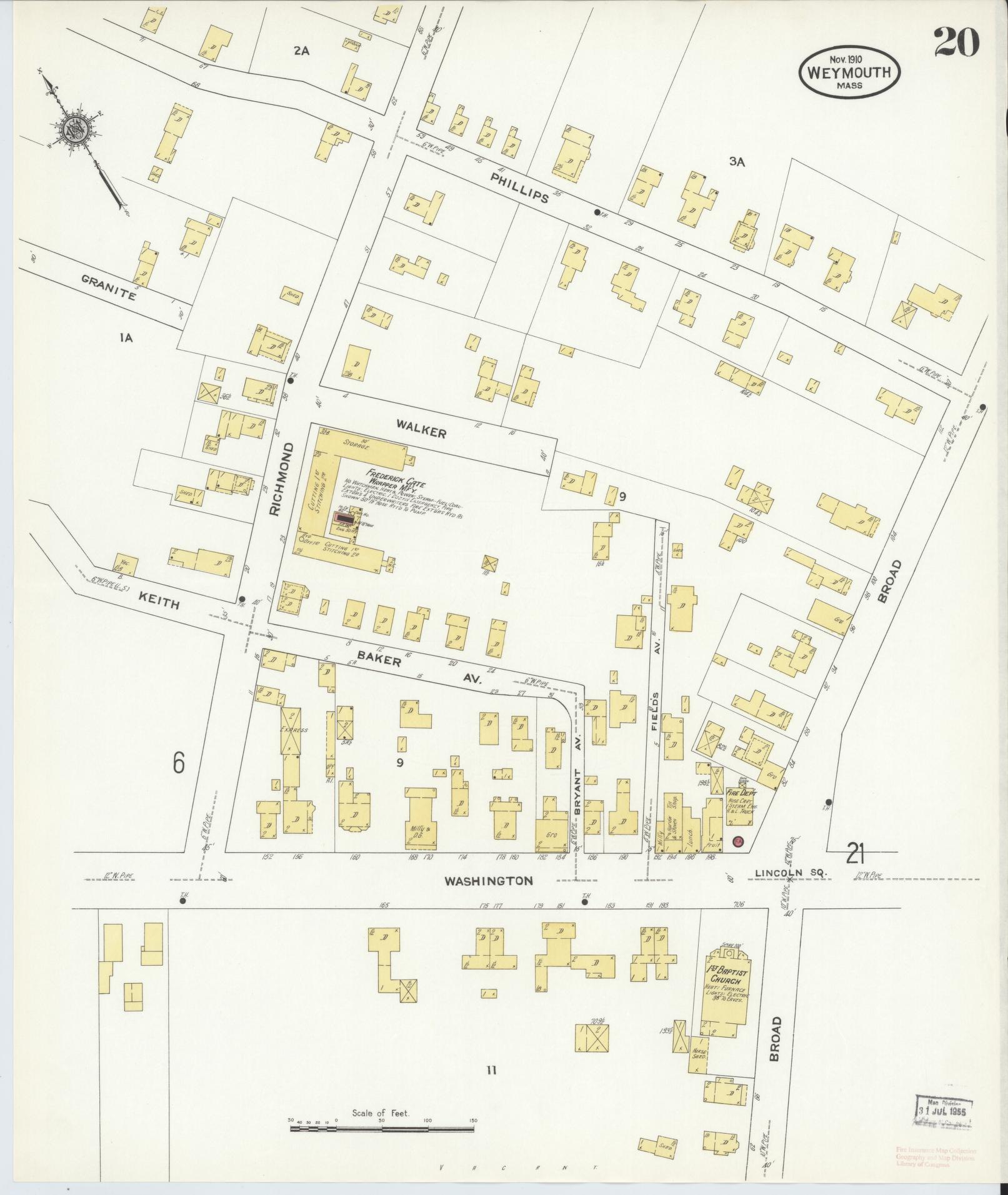Sanborn Fire Insurance Map from Weymouth, Norfolk County, Massachusetts (1910), Sheet #0020 - Complete Map Set gallery image, historic Sanborn map, vintage wall art, Massachusetts Massachusetts