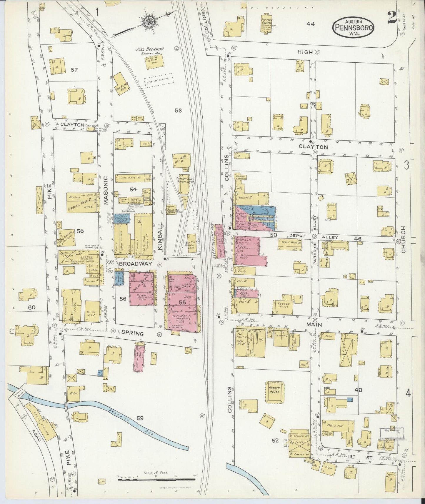 Sanborn Fire Insurance Map from Pennsboro, Richie County, West Virginia (1916), Sheet #0002 - Complete Map Set gallery image, historic Sanborn map, vintage wall art, West Virginia West Virginia
