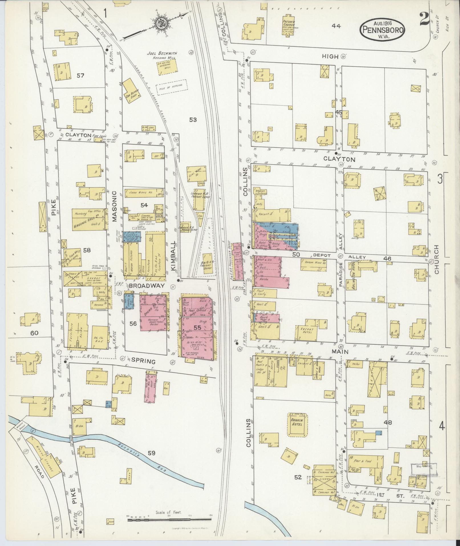 Sanborn Fire Insurance Map from Pennsboro, Richie County, West Virginia (1916), Sheet #0002 - Complete Map Set gallery image, historic Sanborn map, vintage wall art, West Virginia West Virginia
