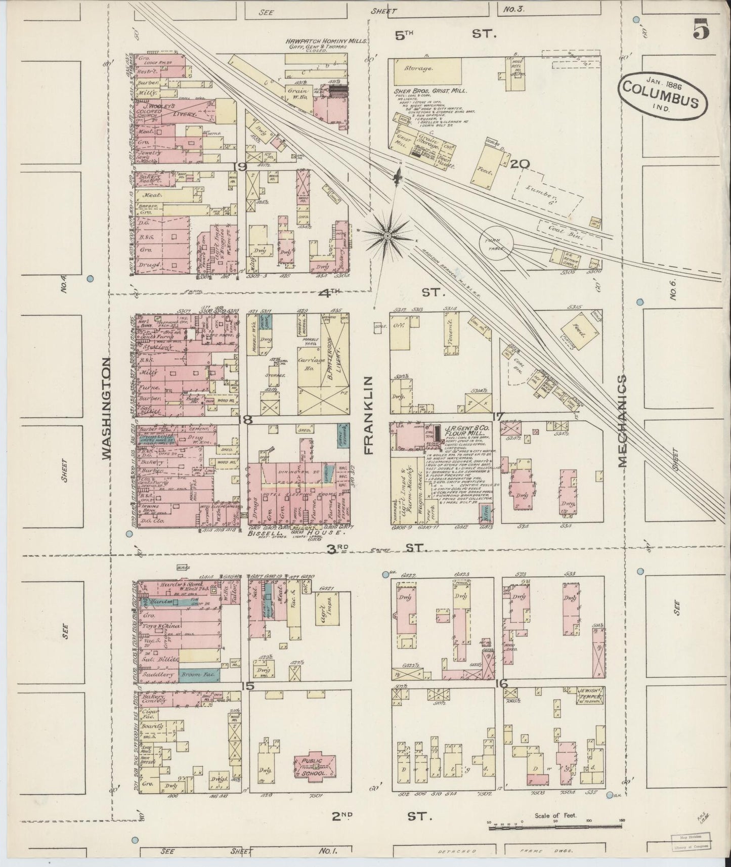 Sanborn Fire Insurance Map from Columbus, Bartholomew County, Indiana (1886), Sheet #0005 - Complete Map Set gallery image, historic Sanborn map, vintage wall art, Indiana Indiana
