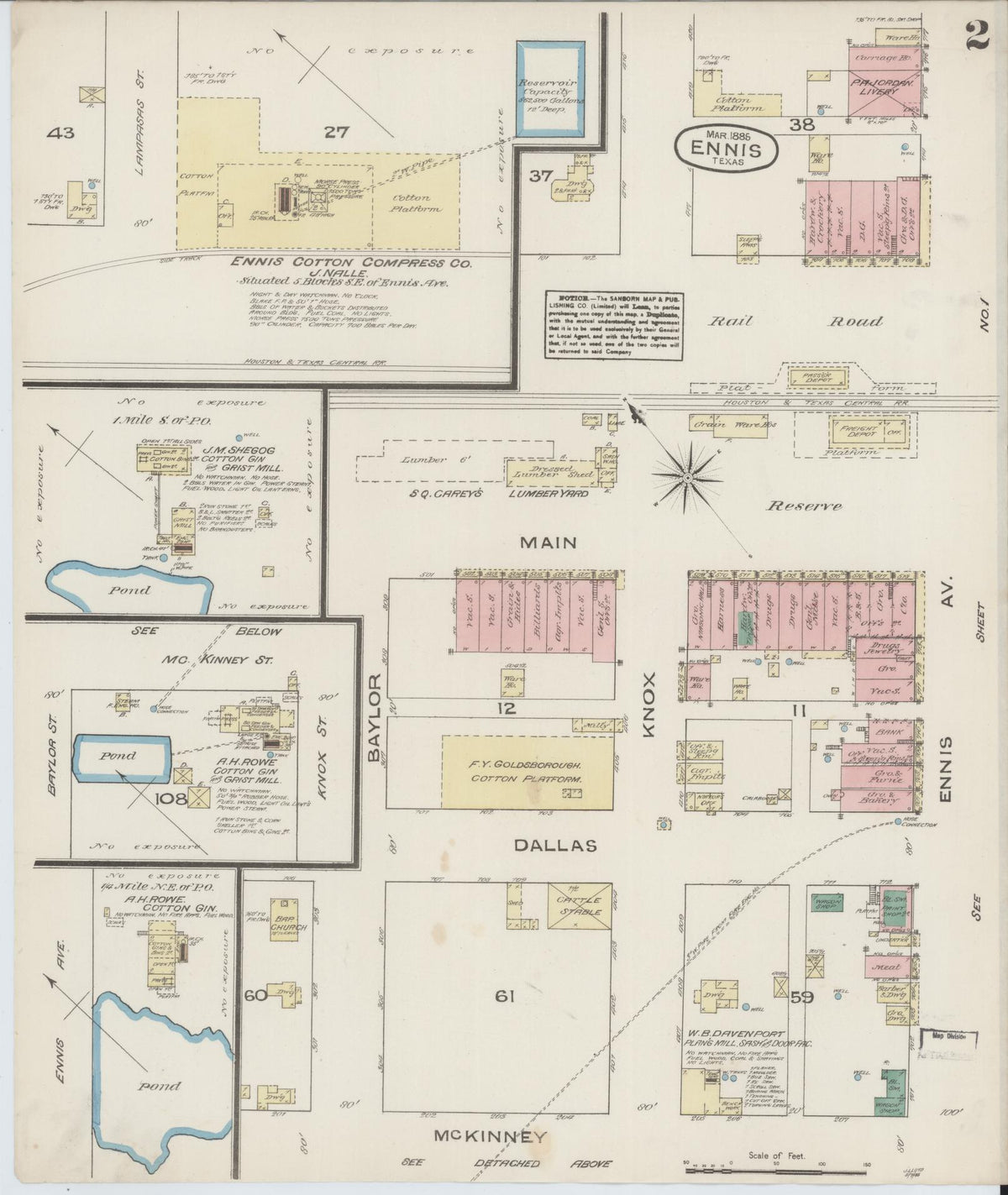 Sanborn Fire Insurance Map from Ennis, Ellis County, Texas (1885), Sheet #0002 - Historic Sanborn Fire Insurance Map Print, vintage old map wall art, antique decor, genealogy gift, Texas Texas map