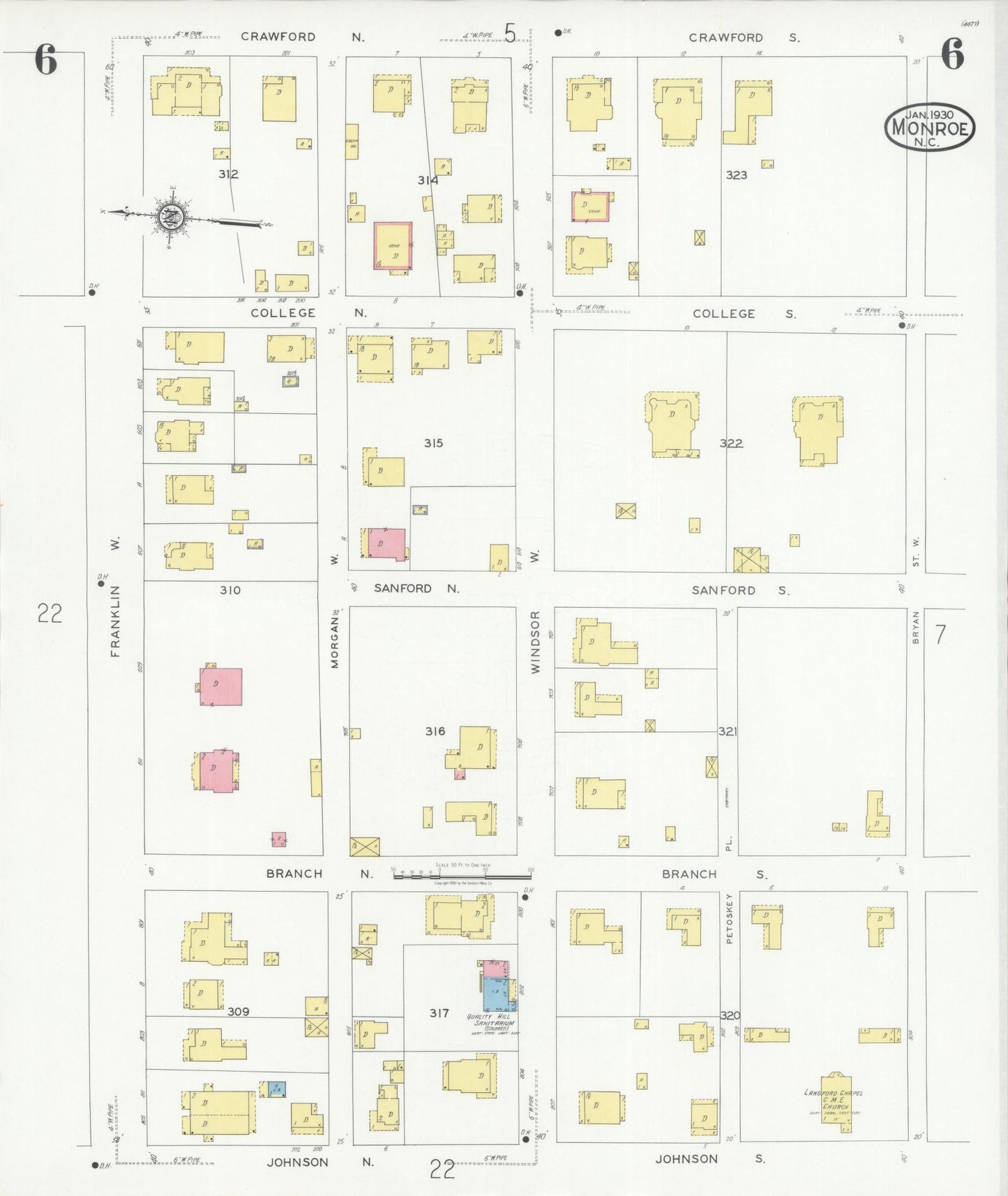 Sanborn Fire Insurance Map from Monroe, Union County, North Carolina (1930), Sheet #0006 - Historic Sanborn Fire Insurance Map Print, vintage old map wall art, antique decor, genealogy gift, North Carolina North Carolina map