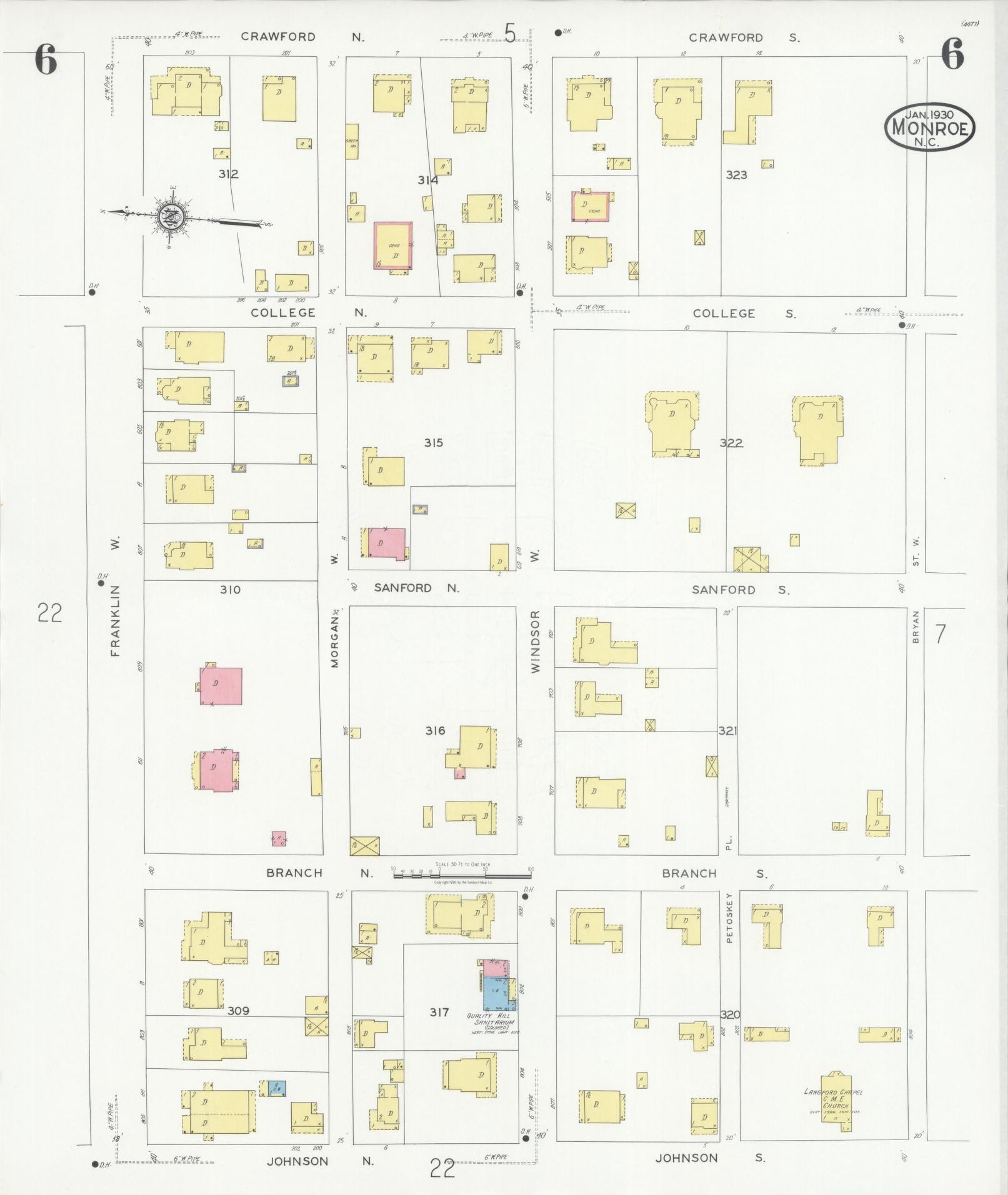 Sanborn Fire Insurance Map from Monroe, Union County, North Carolina (1930), Sheet #0006 - Historic Sanborn Fire Insurance Map Print, vintage old map wall art, antique decor, genealogy gift, North Carolina North Carolina map
