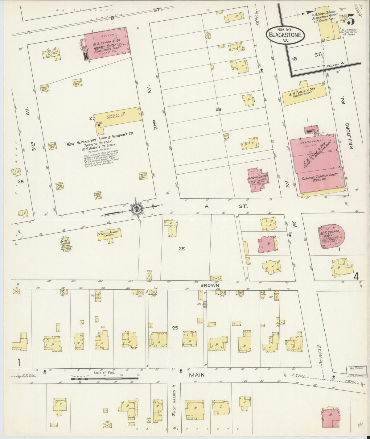 Sanborn Fire Insurance Map from Blackstone, Nottoway County, Virginia (1913), Sheet #0005 - Complete Map Set gallery image, historic Sanborn map, vintage wall art, Virginia Virginia