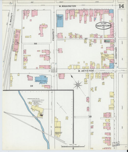 Washington, Maryland - 1892 - Sanborn Fire Insurance Map, Sheet #0014 - Historic Sanborn Fire Insurance Map Print, Washington Maryland 1892 0014 vintage old map wall art