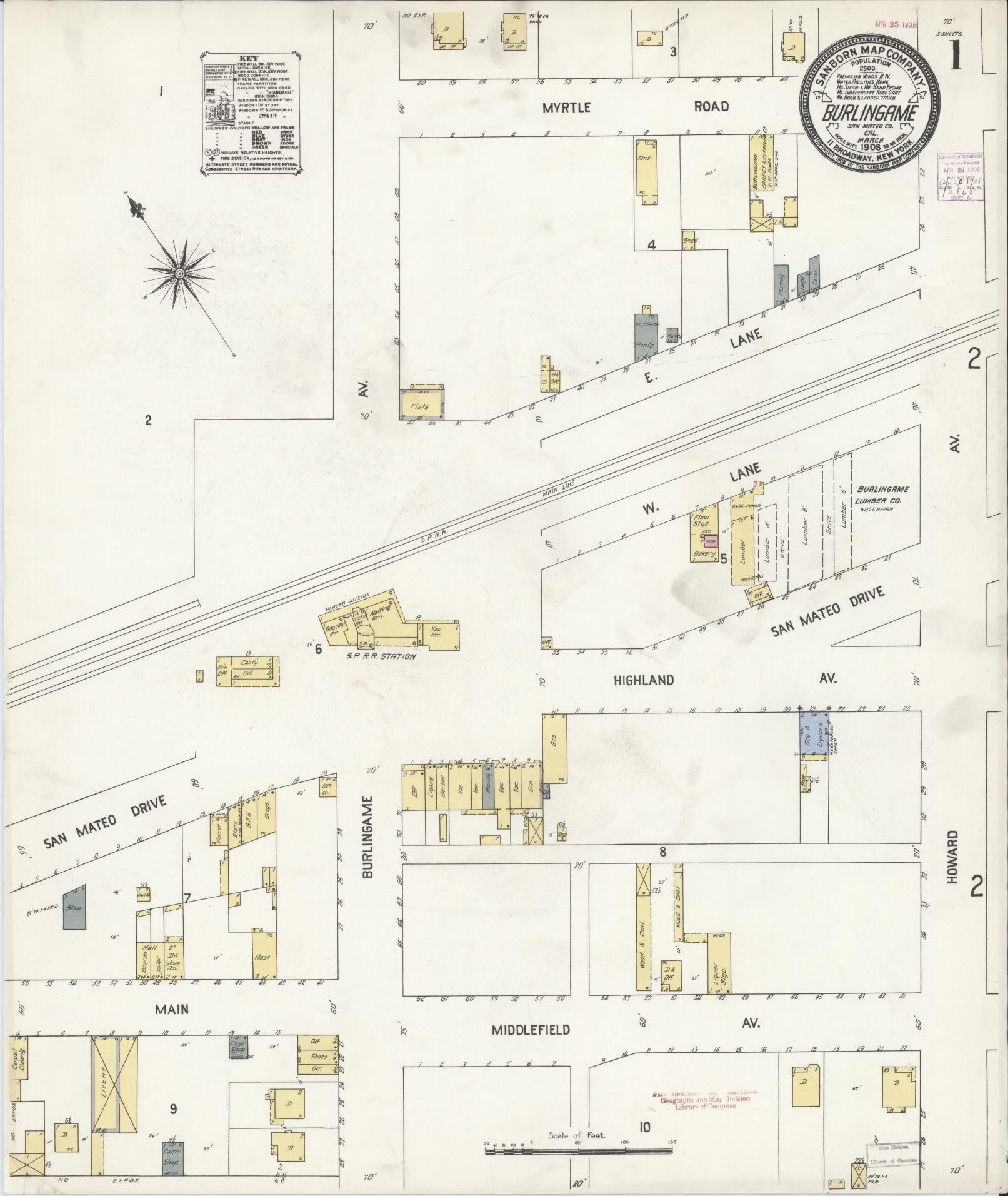 Sanborn Fire Insurance Map from Burlingame, San Mateo County, California. (1908) – Historic Sanborn Fire Insurance Map Print