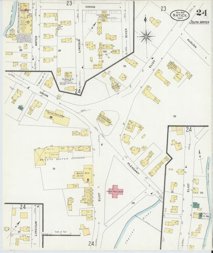 Sanborn Fire Insurance Map from Natick, Middlesex County, Massachusetts (1909), Sheet #0024 - Historic Sanborn Fire Insurance Map Print, vintage old map wall art, antique decor, genealogy gift, Massachusetts Massachusetts map