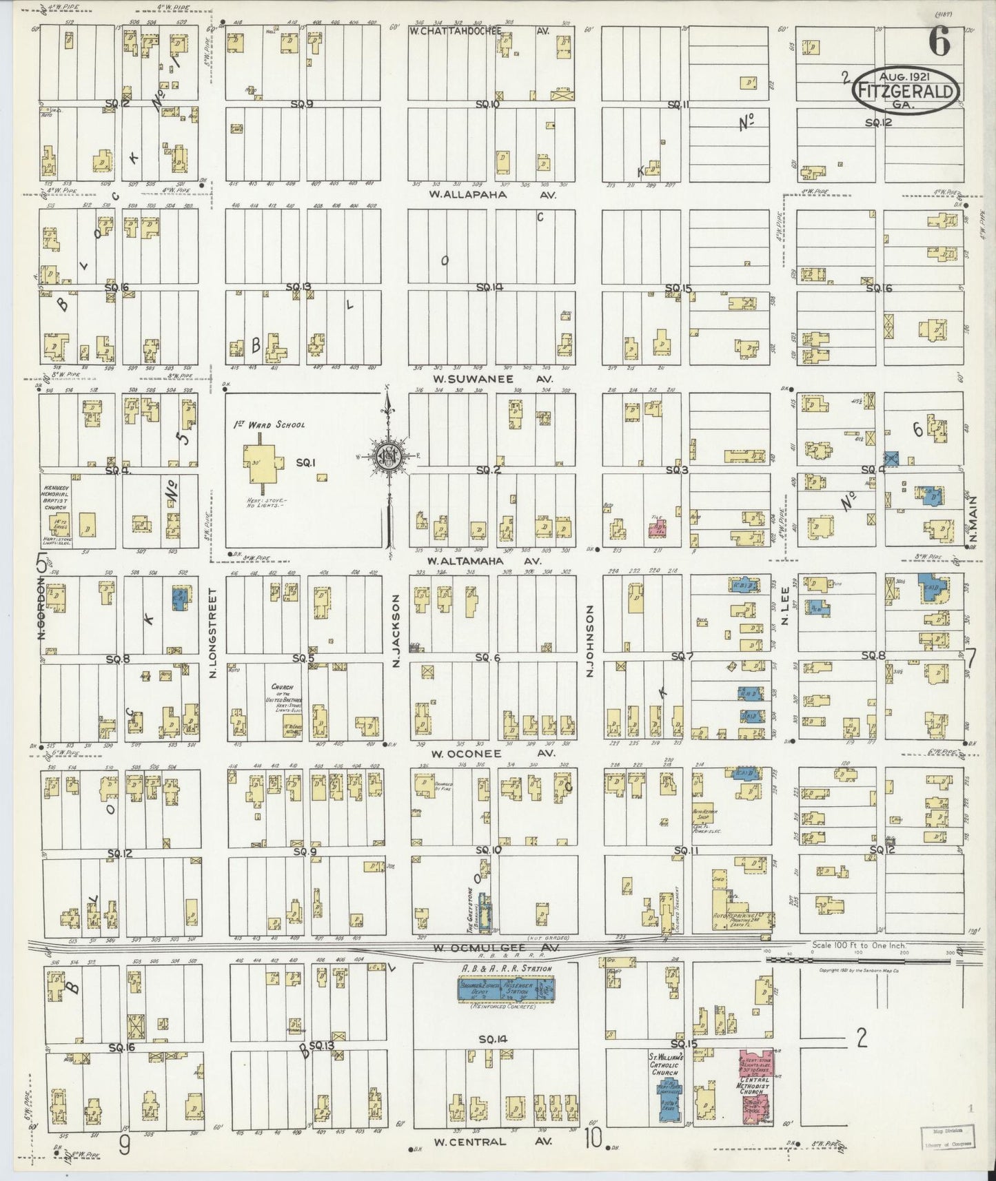 Sanborn Fire Insurance Map from Fitzgerald, Ben Hill County, Georgia (1921), Sheet #0006 - Complete Map Set gallery image, historic Sanborn map, vintage wall art, Georgia Georgia
