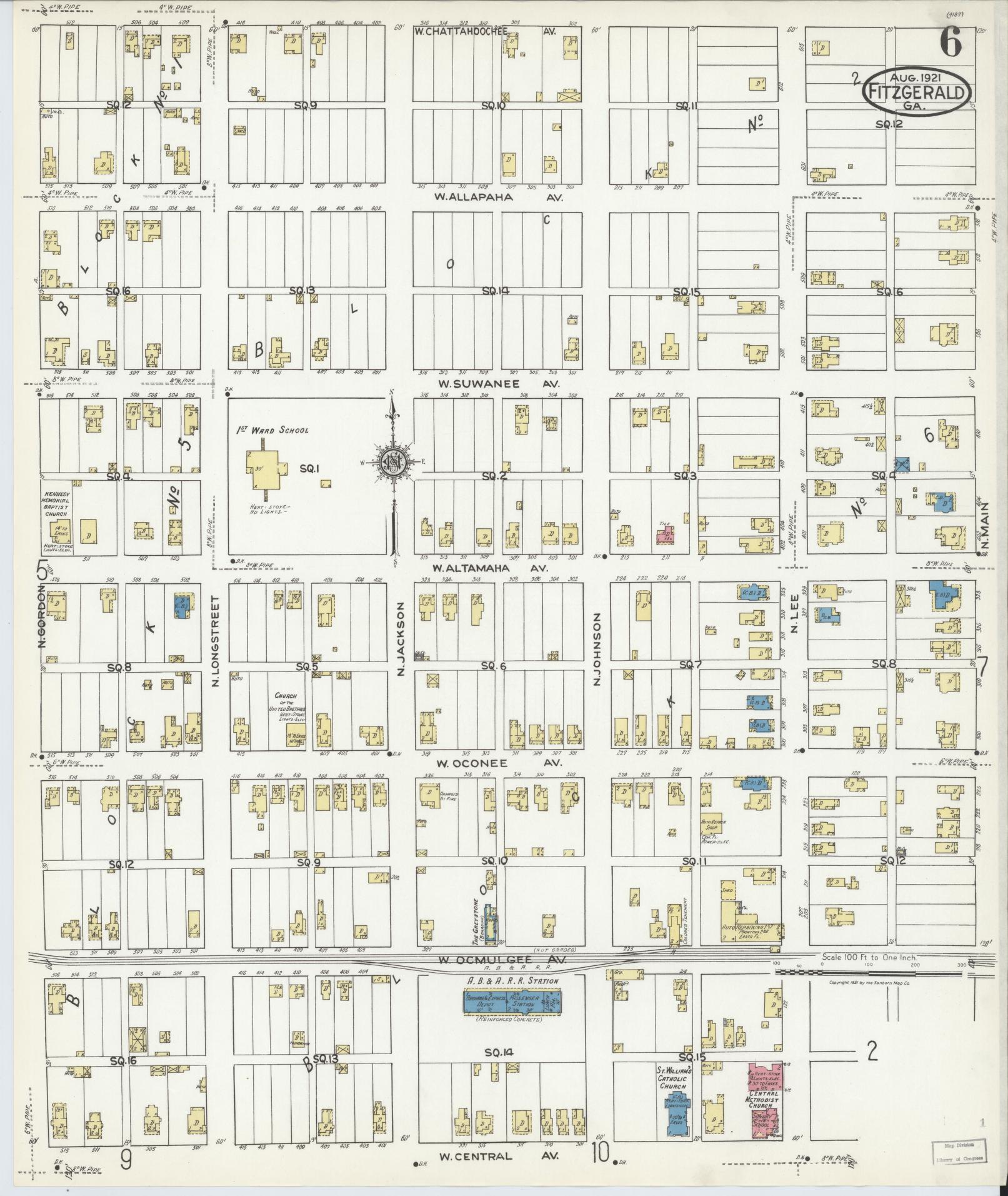 Sanborn Fire Insurance Map from Fitzgerald, Ben Hill County, Georgia (1921), Sheet #0006 - Complete Map Set gallery image, historic Sanborn map, vintage wall art, Georgia Georgia