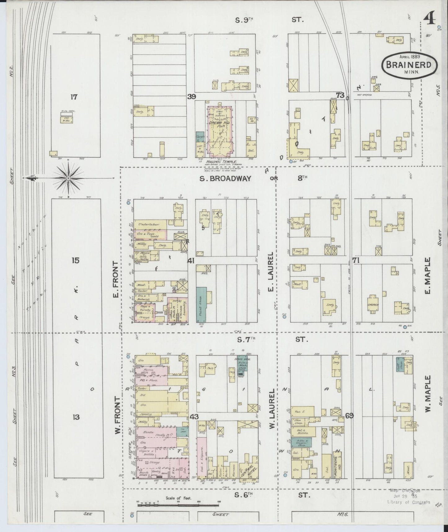 Sanborn Fire Insurance Map from Brainerd, Crow Wing County, Minnesota (1889), Sheet #0004 - Complete Map Set gallery image, historic Sanborn map, vintage wall art, Minnesota Minnesota