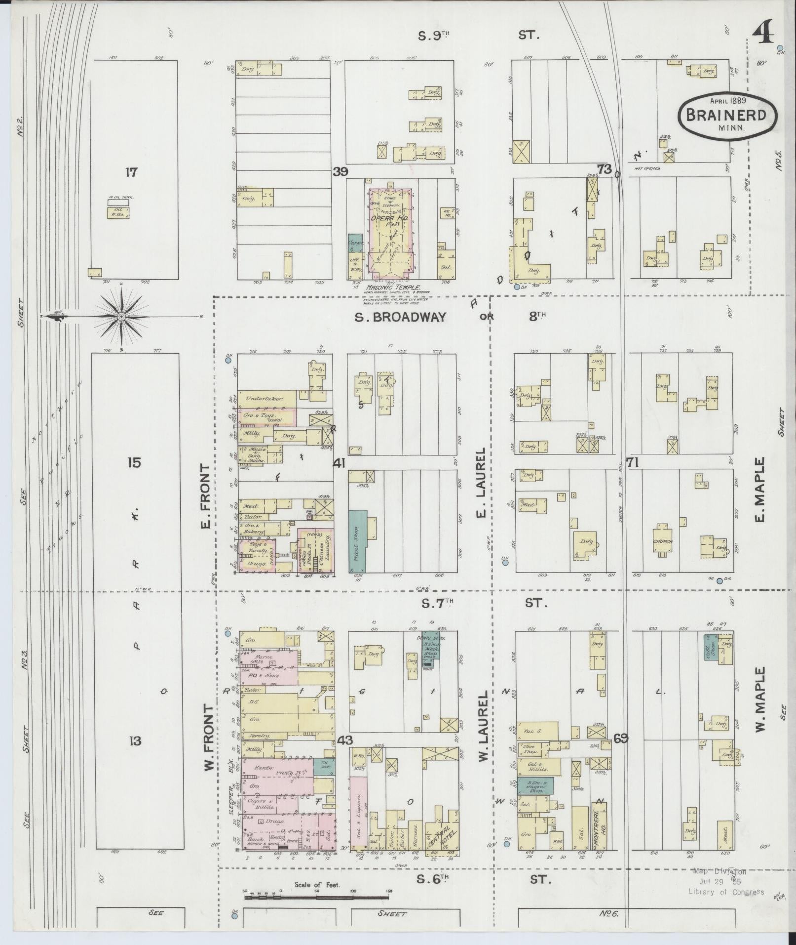 Sanborn Fire Insurance Map from Brainerd, Crow Wing County, Minnesota (1889), Sheet #0004 - Complete Map Set gallery image, historic Sanborn map, vintage wall art, Minnesota Minnesota