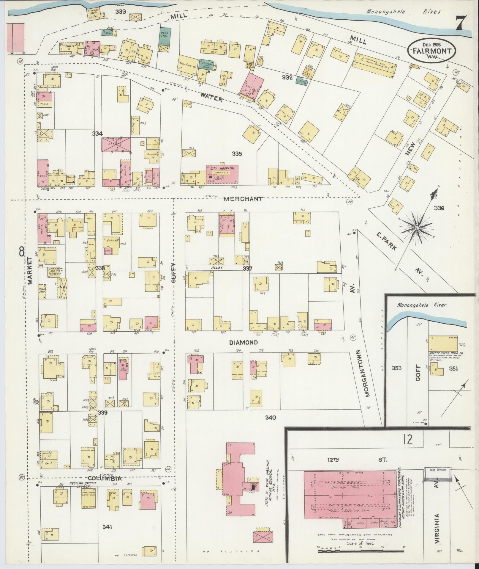 Sanborn Fire Insurance Map from Fairmont, Marion County, West Virginia (1906), Sheet #0007 - Complete Map Set gallery image, historic Sanborn map, vintage wall art, West Virginia West Virginia