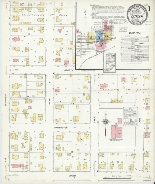 Sanborn Fire Insurance Map from Butler, De Kalb County, Indiana (1914), Sheet #0001 - Complete Map Set gallery image, historic Sanborn map, vintage wall art, Indiana Indiana