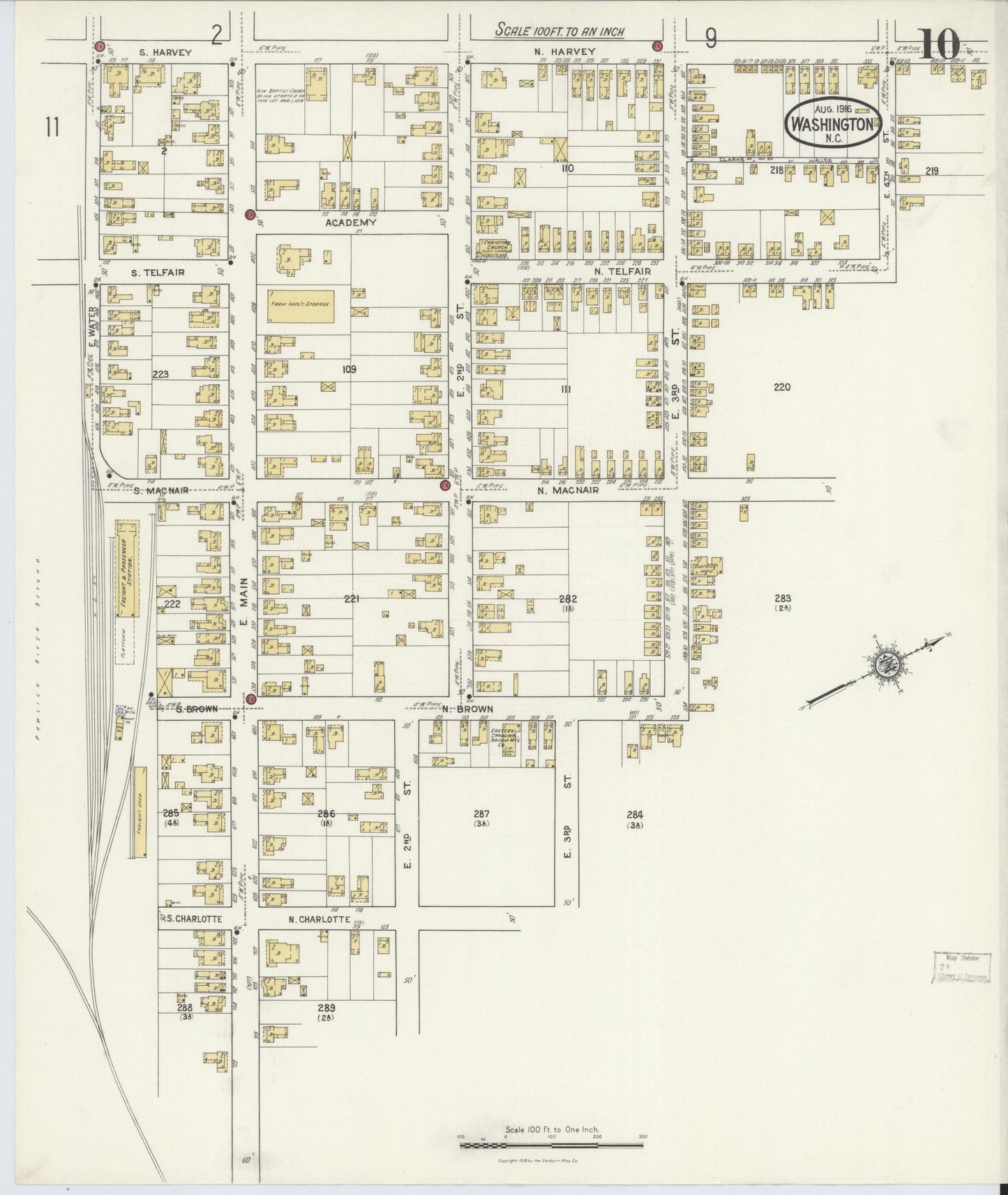 Sanborn Fire Insurance Map from Washington, Beaufort County, North Carolina (1916), Sheet #0010 - Historic Sanborn Fire Insurance Map Print, vintage old map wall art, antique decor, genealogy gift, Washington Washington map