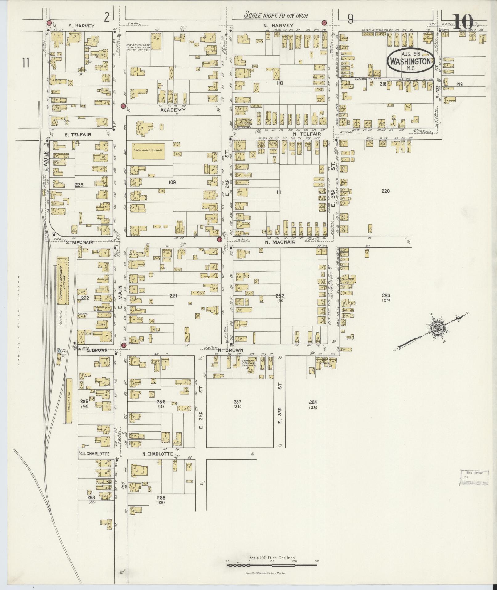Sanborn Fire Insurance Map from Washington, Beaufort County, North Carolina (1916), Sheet #0010 - Historic Sanborn Fire Insurance Map Print, vintage old map wall art, antique decor, genealogy gift, Washington Washington map