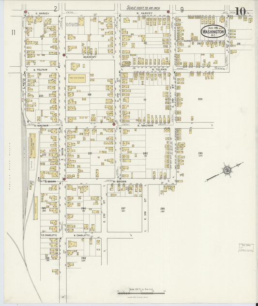 Sanborn Fire Insurance Map from Washington, Beaufort County, North Carolina (1916), Sheet #0010 - Historic Sanborn Fire Insurance Map Print, vintage old map wall art, antique decor, genealogy gift, Washington Washington map