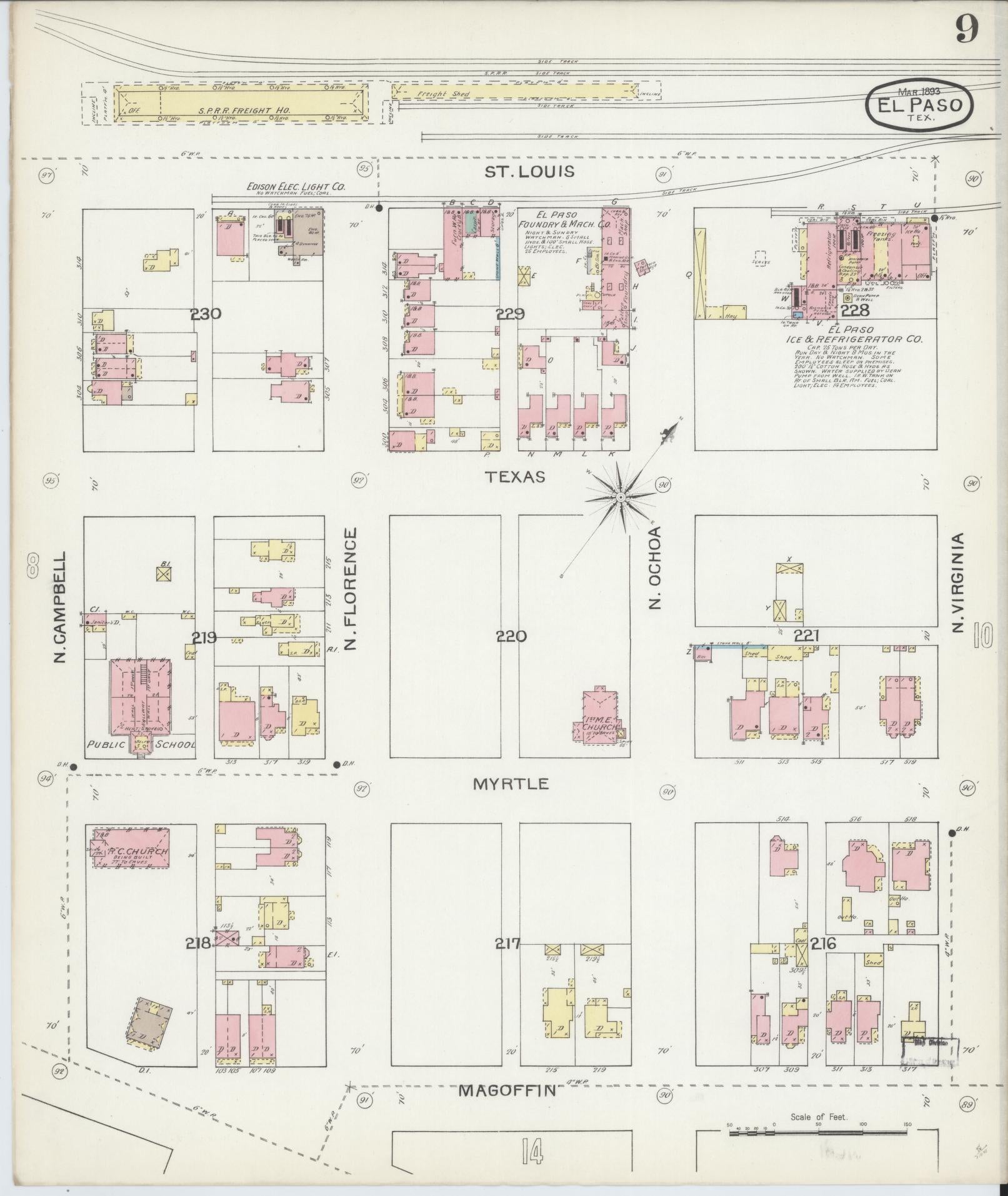Sanborn Fire Insurance Map from El Paso, El Paso County, Texas (1893), Sheet #0009 - Historic Sanborn Fire Insurance Map Print, vintage old map wall art, antique decor, genealogy gift, Texas Texas map