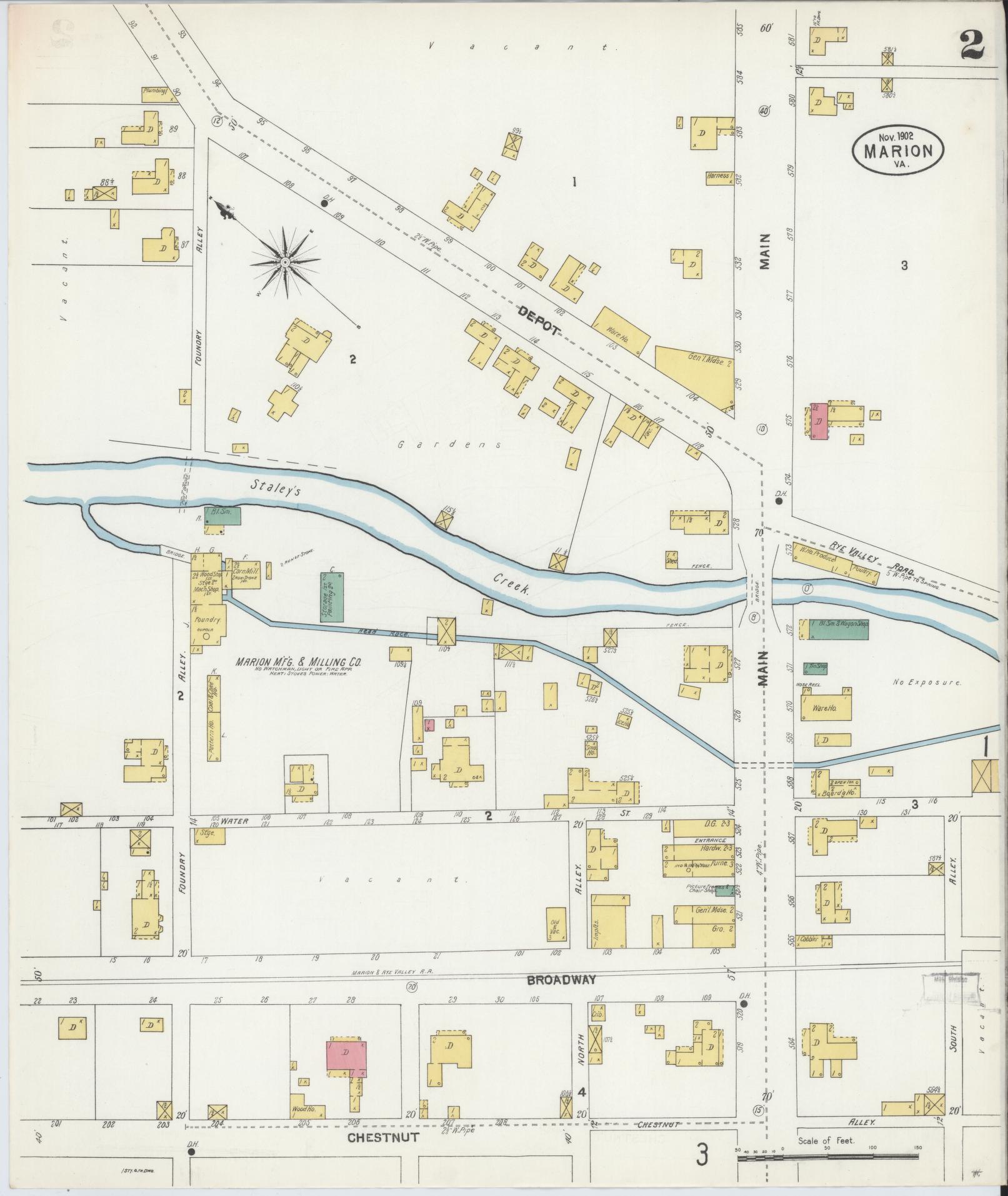 Sanborn Fire Insurance Map from Marion, Smyth County, Virginia (1902), Sheet #0002 - Complete Map Set gallery image, historic Sanborn map, vintage wall art, Virginia Virginia