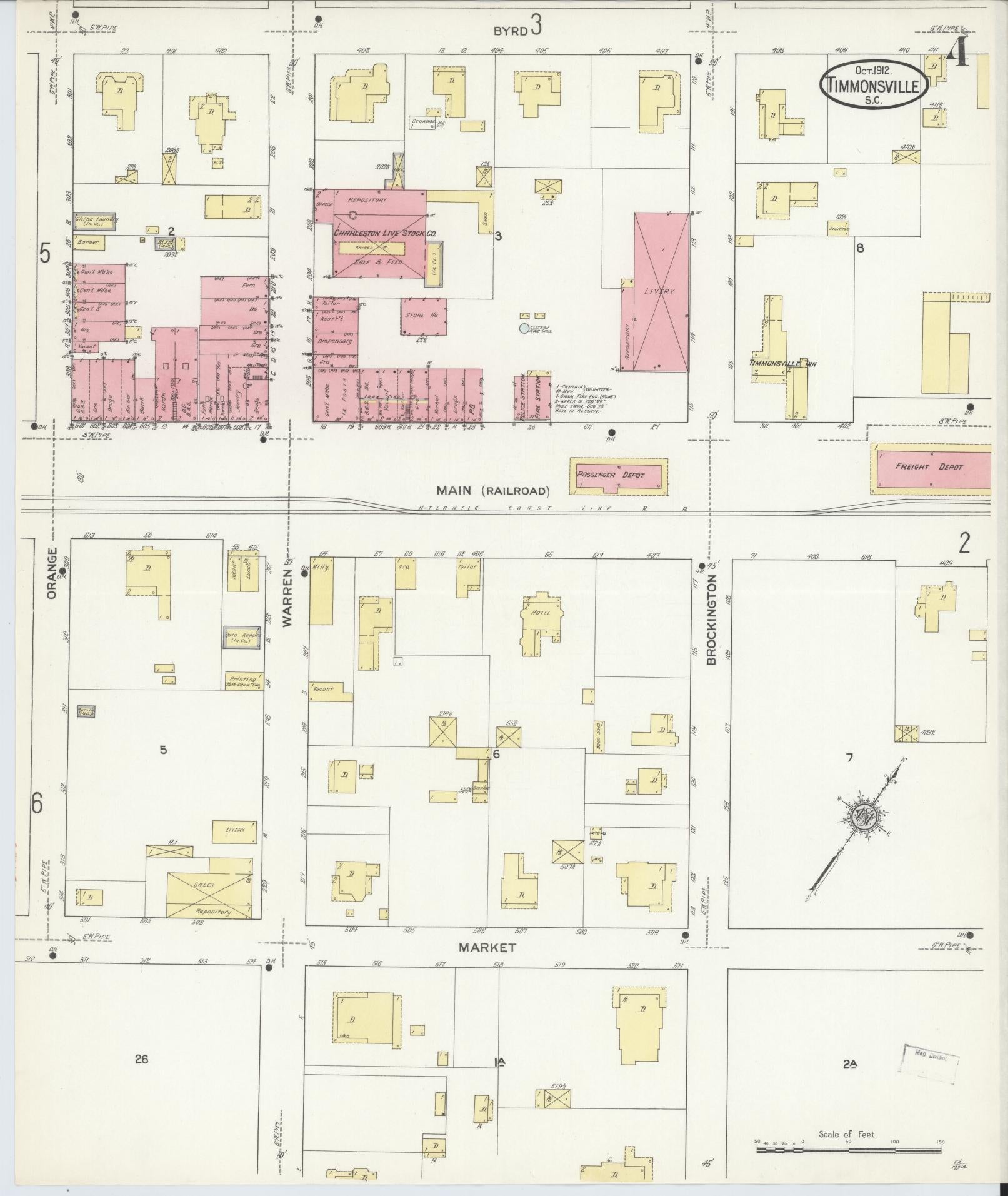 Sanborn Fire Insurance Map from Timmonsville, Florence County, South Carolina (1912), Sheet #0004 - Complete Map Set gallery image, historic Sanborn map, vintage wall art, South Carolina South Carolina