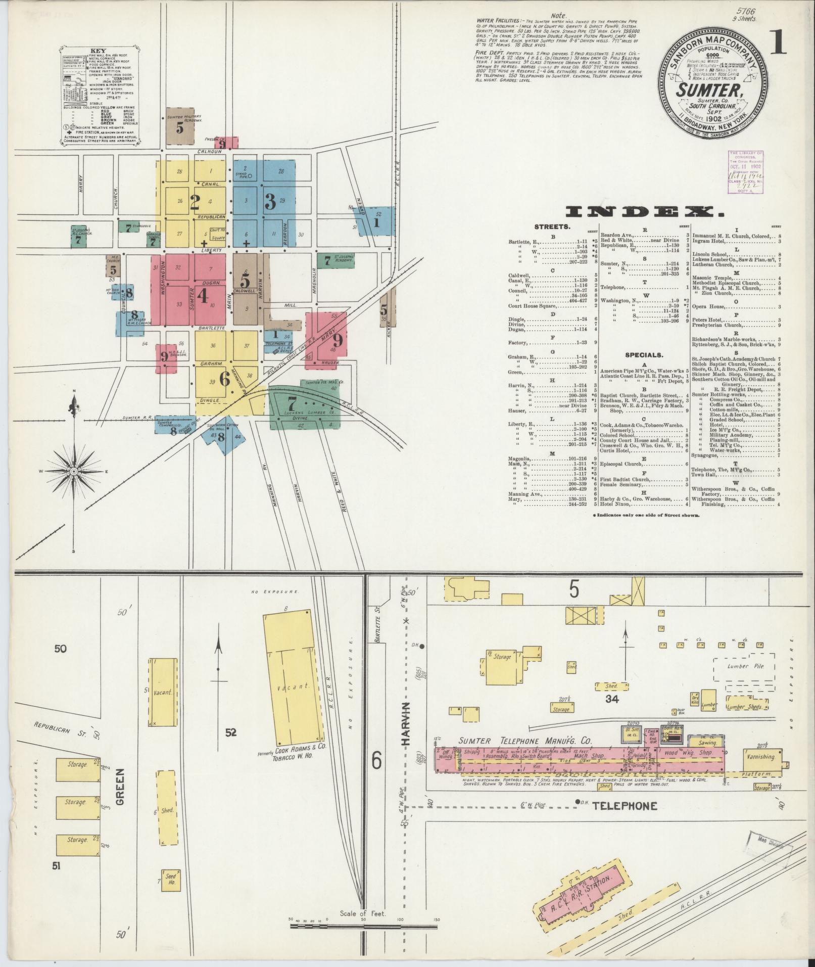 Sanborn Fire Insurance Map from Sumter, Sumter County, South Carolina (1902), Sheet #0001 - Historic Sanborn Fire Insurance Map Print, vintage old map wall art, antique decor, genealogy gift, South Carolina South Carolina map