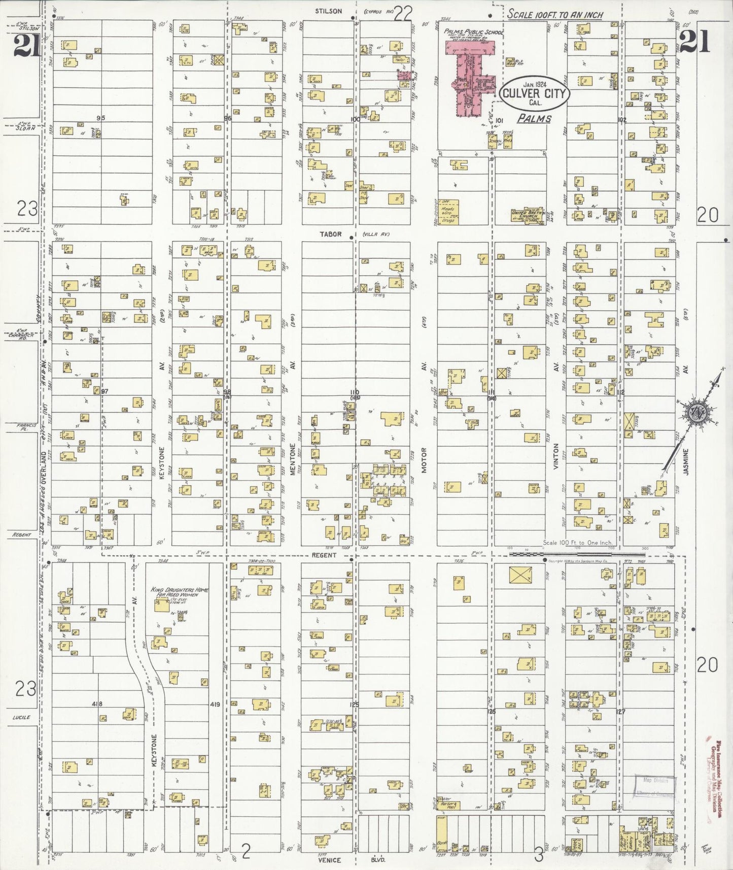 Sanborn Fire Insurance Map from Culver City, Los Angeles County, California (1924), Sheet #0021 - Complete Map Set gallery image, historic Sanborn map, vintage wall art, California California