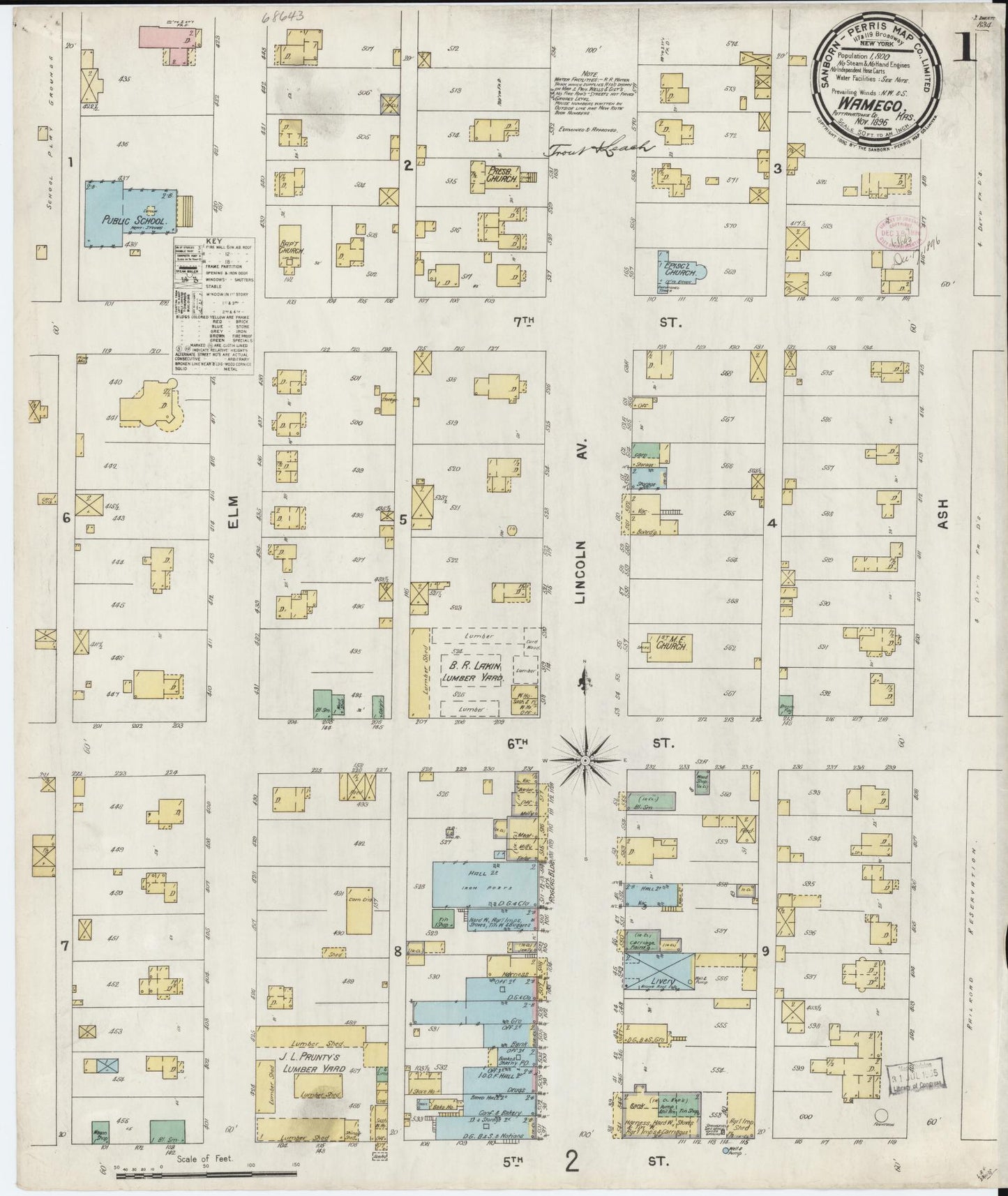 Sanborn Fire Insurance Map from Wamego, Pottawatomie County, Kansas (1896), Sheet #0001 - Historic Sanborn Fire Insurance Map Print, vintage old map wall art, antique decor, genealogy gift, Kansas Kansas map
