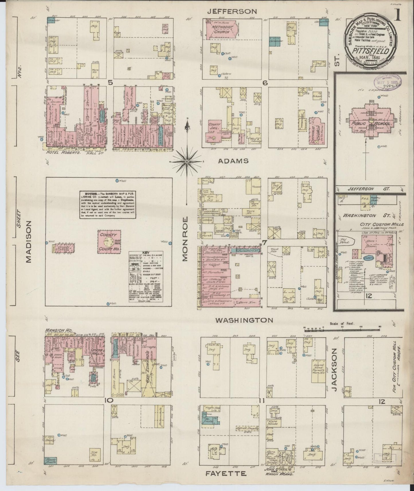 Sanborn Fire Insurance Map from Pittsfield, Pike County, Illinois (1885), Sheet #0001 - Historic Sanborn Fire Insurance Map Print, vintage old map wall art, antique decor, genealogy gift, Illinois Illinois map
