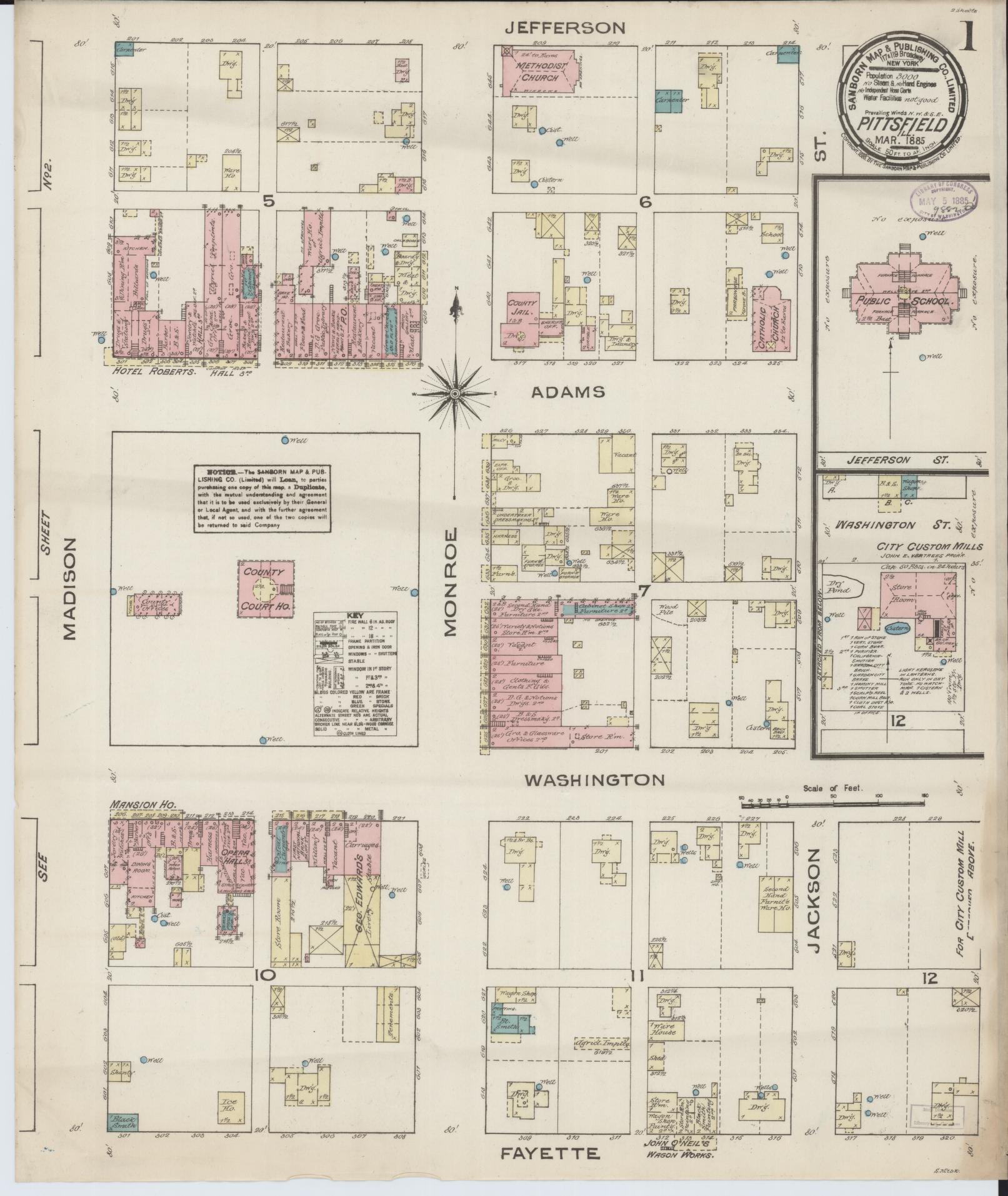 Sanborn Fire Insurance Map from Pittsfield, Pike County, Illinois (1885), Sheet #0001 - Historic Sanborn Fire Insurance Map Print, vintage old map wall art, antique decor, genealogy gift, Illinois Illinois map
