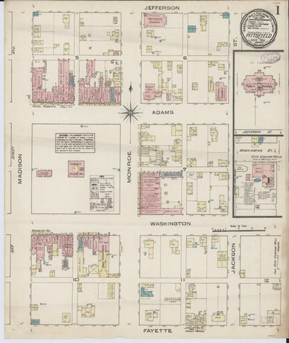 Sanborn Fire Insurance Map from Pittsfield, Pike County, Illinois (1885), Sheet #0001 - Historic Sanborn Fire Insurance Map Print, vintage old map wall art, antique decor, genealogy gift, Illinois Illinois map
