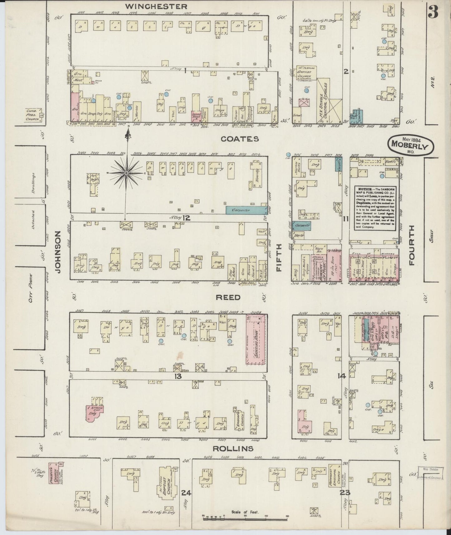 Sanborn Fire Insurance Map from Moberly, Randolph County, Missouri (1884), Sheet #0003 - Complete Map Set gallery image, historic Sanborn map, vintage wall art, Missouri Missouri