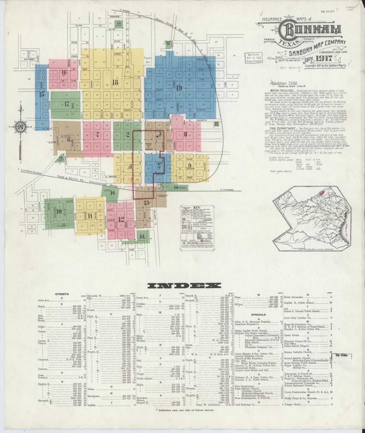 Sanborn Fire Insurance Map from Bonham, Fannin County, Texas (1917), Sheet #0001 - Complete Map Set gallery image, historic Sanborn map, vintage wall art, Texas Texas