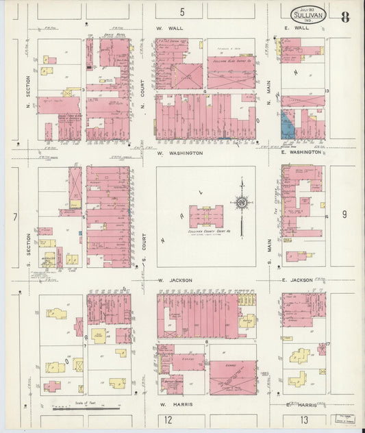 Sanborn Fire Insurance Map from Sullivan, Sullivan County, Indiana (1913), Sheet #0008 - Historic Sanborn Fire Insurance Map Print, vintage old map wall art, antique decor, genealogy gift, Indiana Indiana map