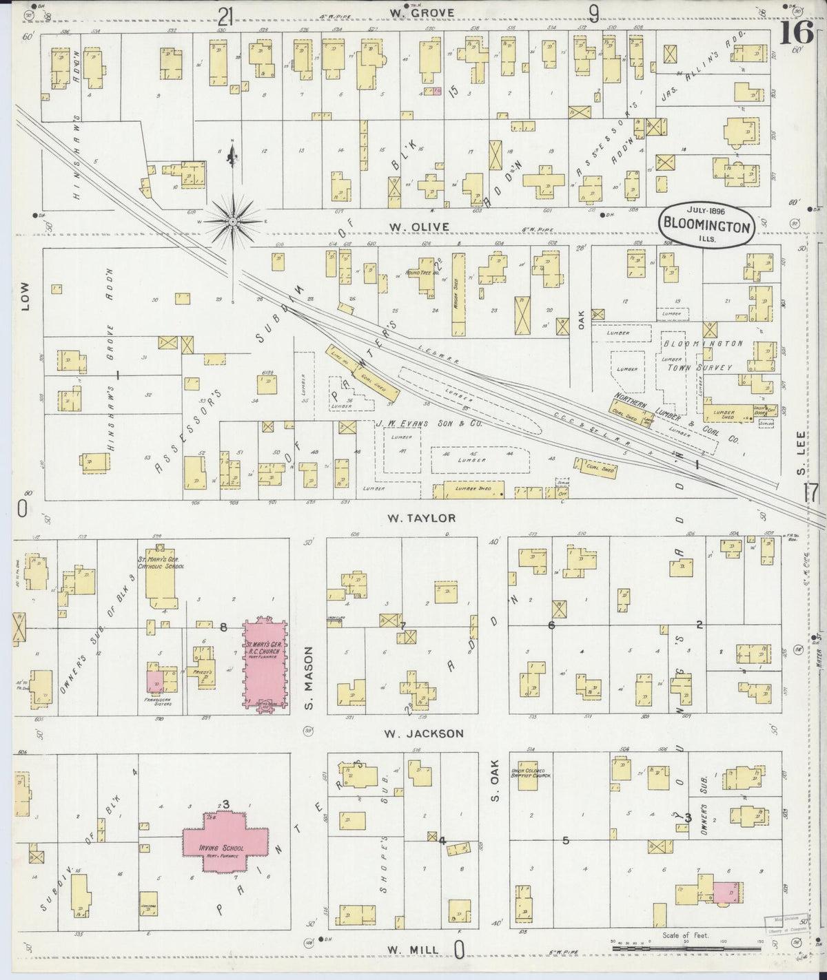 Sanborn Fire Insurance Map from Bloomington, McLean County, Illinois (1896), Sheet #0016 - Complete Map Set gallery image, historic Sanborn map, vintage wall art, Illinois Illinois