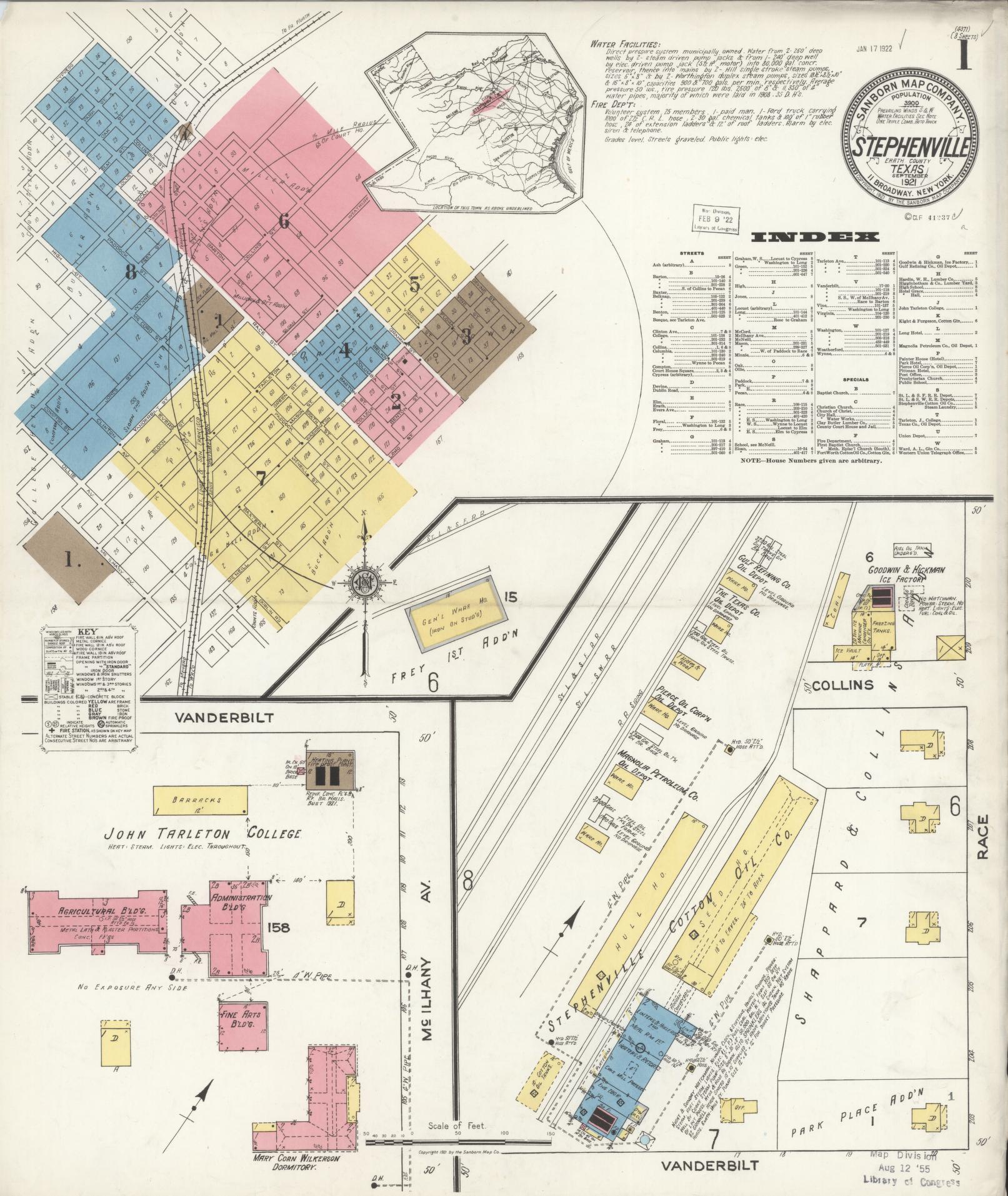 Sanborn Fire Insurance Map from Stephenville, Erath County, Texas (1921), Sheet #0001 - Historic Sanborn Fire Insurance Map Print, vintage old map wall art, antique decor, genealogy gift, Texas Texas map