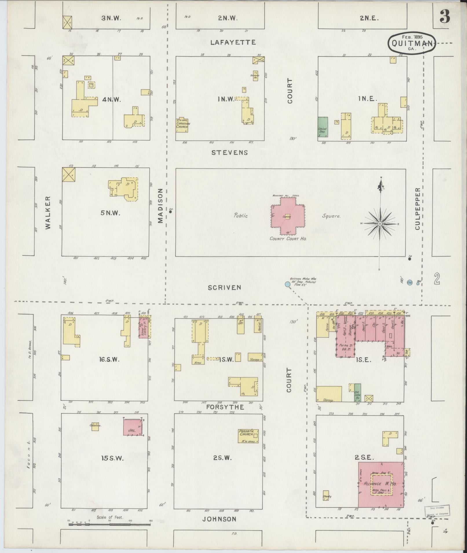 Sanborn Fire Insurance Map from Quitman, Brooks County, Georgia (1895), Sheet #0003 - Complete Map Set gallery image, historic Sanborn map, vintage wall art, Georgia Georgia