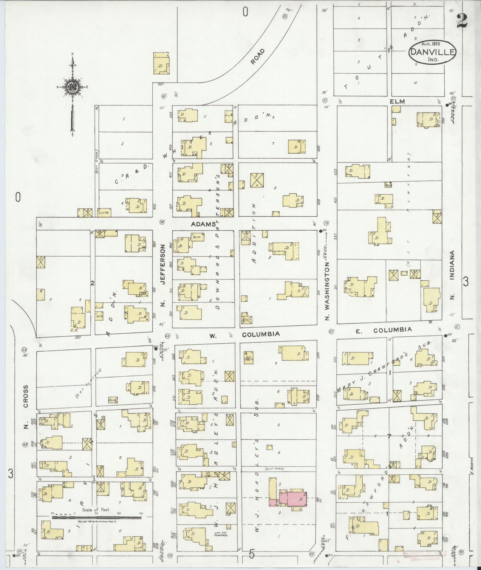 Sanborn Fire Insurance Map from Danville, Hendricks County, Indiana (1920), Sheet #0002 - Historic Sanborn Fire Insurance Map Print, vintage old map wall art, antique decor, genealogy gift, Indiana Indiana map