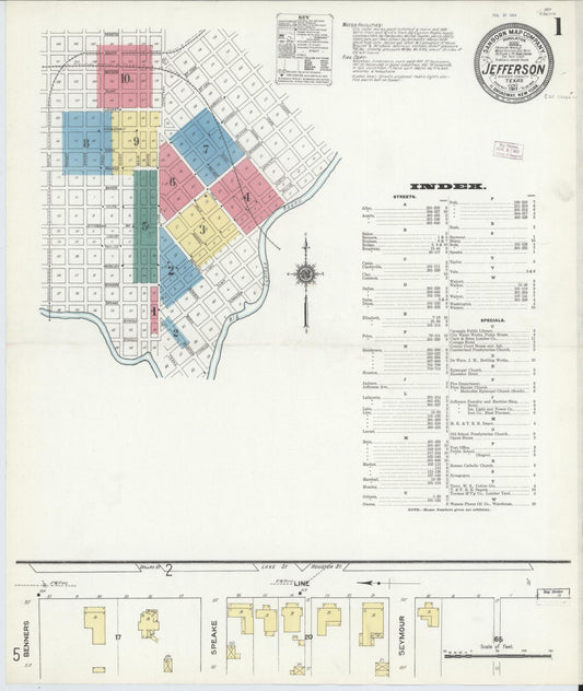 Sanborn Fire Insurance Map from Jefferson, Marion County, Texas (1911), Sheet #0001 - Historic Sanborn Fire Insurance Map Print, vintage old map wall art, antique decor, genealogy gift, Texas Texas map
