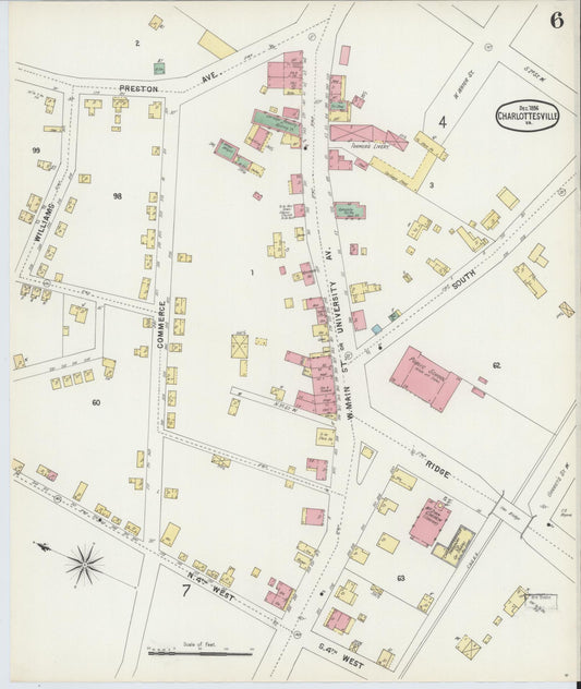 Sanborn Fire Insurance Map from Charlottesville, Independent Cities, Virginia (1896), Sheet #0006 - Historic Sanborn Fire Insurance Map Print, vintage old map wall art, antique decor, genealogy gift, Virginia Virginia map