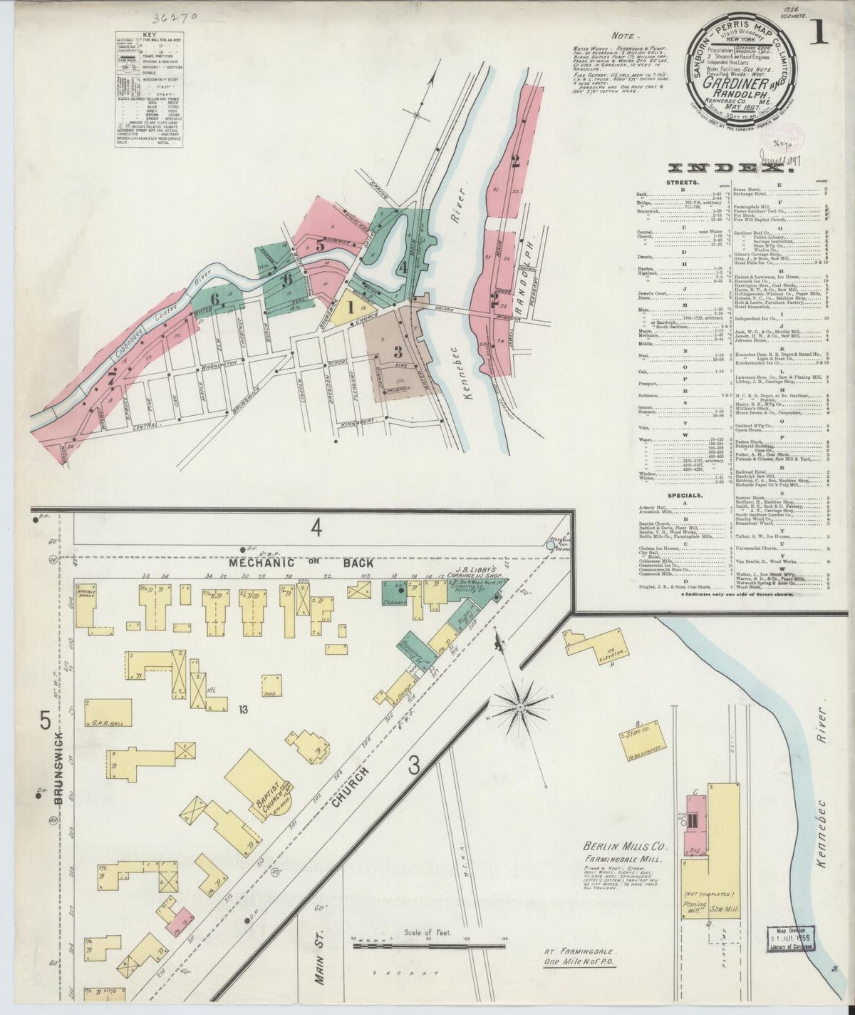 Sanborn Fire Insurance Map from Gardiner, Kennebec County, Maine (1897), Sheet #0001 - Historic Sanborn Fire Insurance Map Print, vintage old map wall art, antique decor, genealogy gift, Maine Maine map