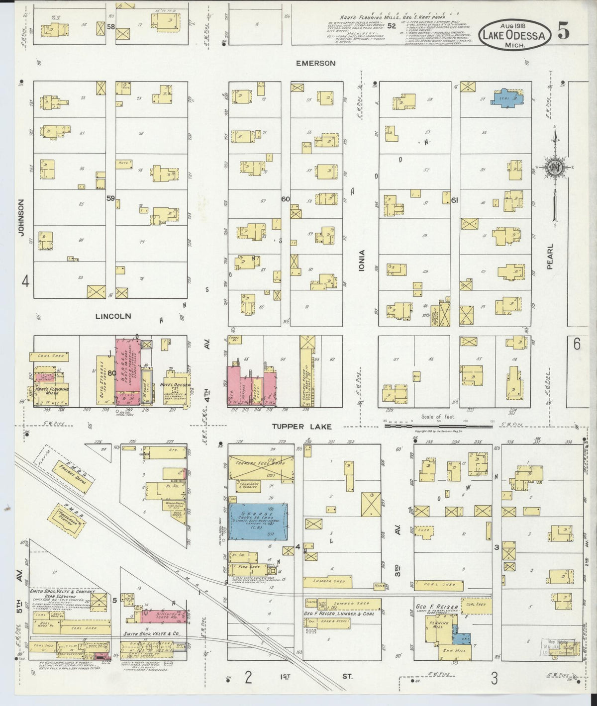 Sanborn Fire Insurance Map from Lake Odessa, Ionia County, Michigan (1918), Sheet #0005 - Historic Sanborn Fire Insurance Map Print, vintage old map wall art, antique decor, genealogy gift, Michigan Michigan map