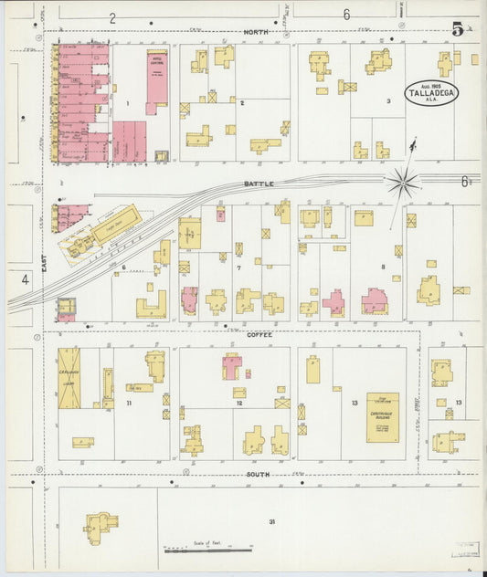 Sanborn Fire Insurance Map from Talladega, Talladega County, Alabama (1905), Sheet #0005 - Historic Sanborn Fire Insurance Map Print, vintage old map wall art, antique decor, genealogy gift, Alabama Alabama map