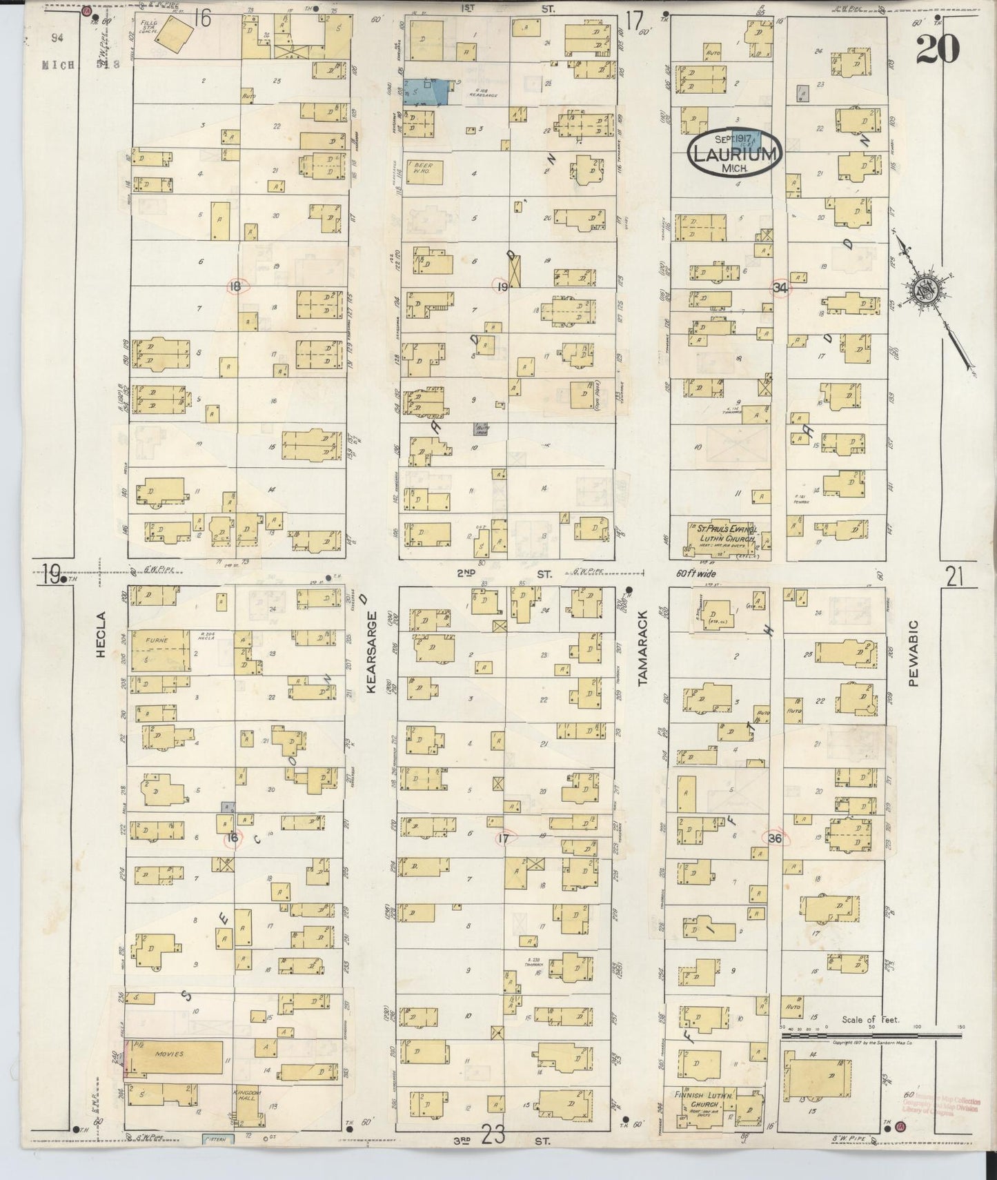 Sanborn Fire Insurance Map from Laurium, Houghton County, Michigan (1949), Sheet #0020 - Complete Map Set gallery image, historic Sanborn map, vintage wall art, Michigan Michigan