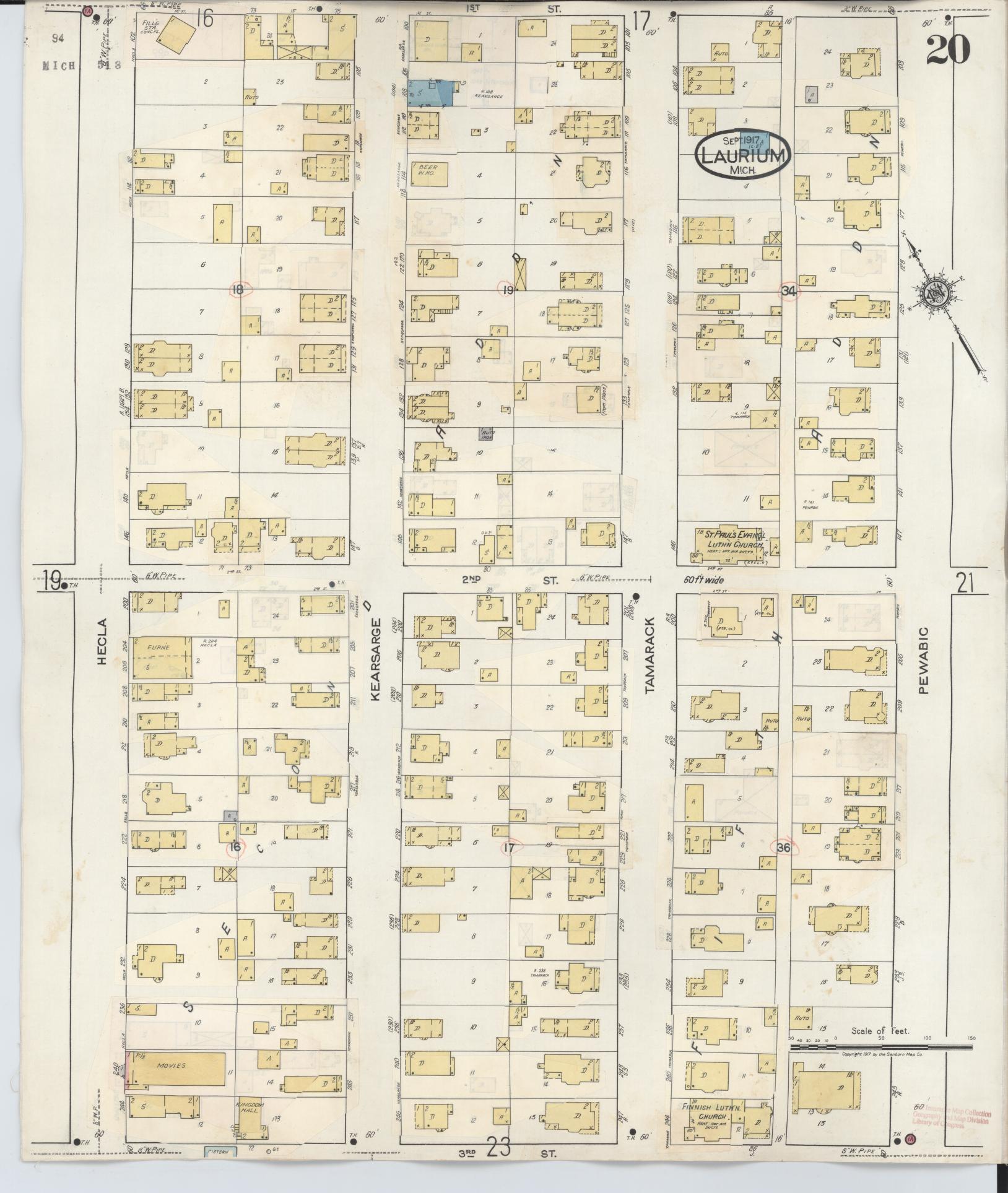 Sanborn Fire Insurance Map from Laurium, Houghton County, Michigan (1949), Sheet #0020 - Complete Map Set gallery image, historic Sanborn map, vintage wall art, Michigan Michigan