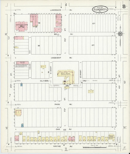 Sanborn Fire Insurance Map from Ellwood City, Lawrence County, Pennsylvania (1914), Sheet #0008 - Historic Sanborn Fire Insurance Map Print, vintage old map wall art, antique decor, genealogy gift, Pennsylvania Pennsylvania map