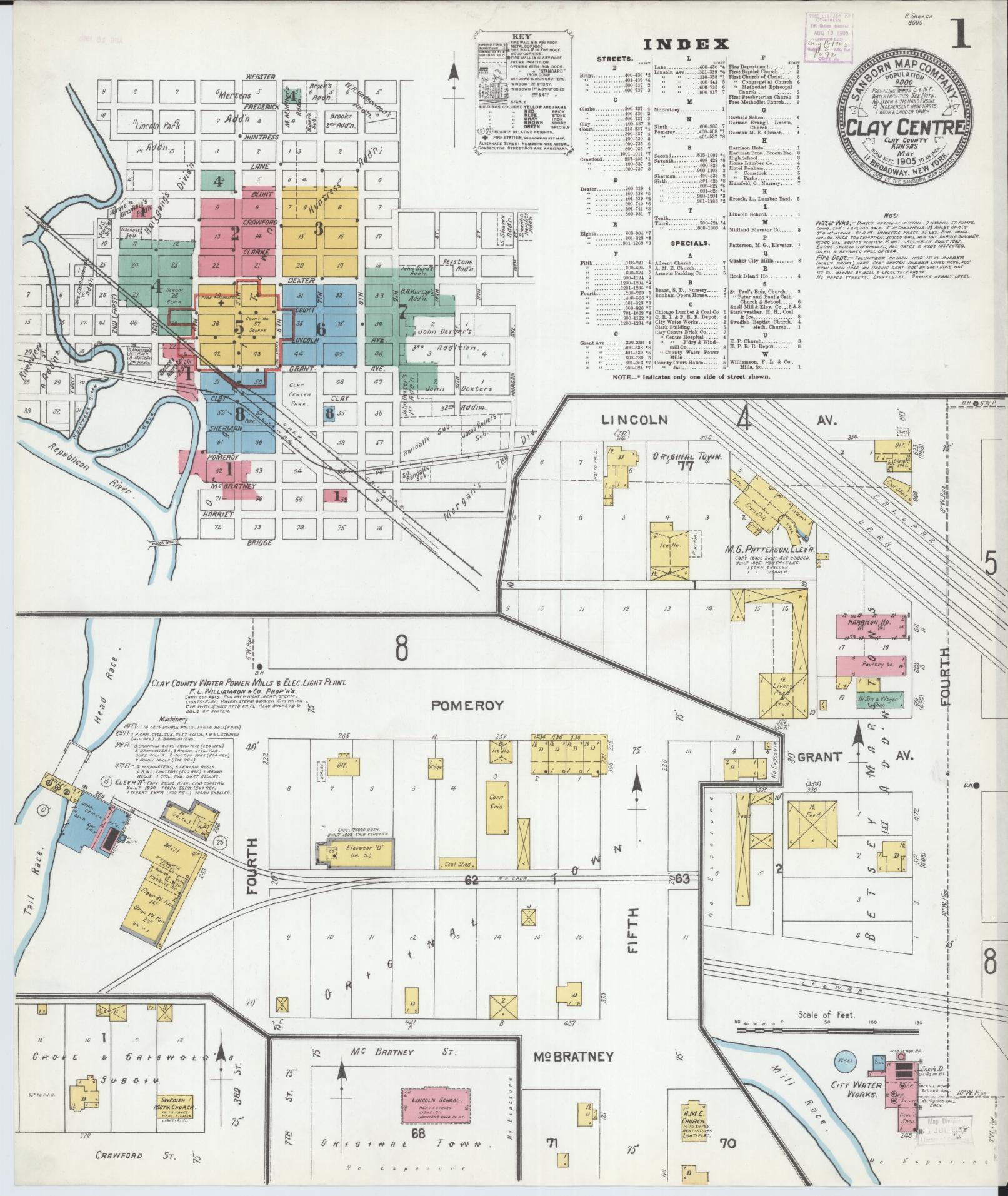 Sanborn Fire Insurance Map from Clay Center, Clay County, Kansas (1905), Sheet #0001 - Historic Sanborn Fire Insurance Map Print, vintage old map wall art, antique decor, genealogy gift, Kansas Kansas map