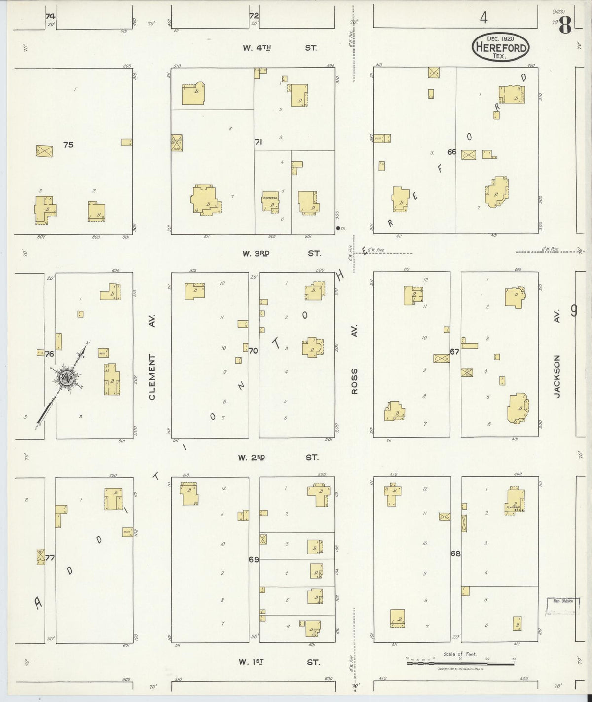 Sanborn Fire Insurance Map from Hereford, Deaf Smith County, Texas (1920), Sheet #0008 - Historic Sanborn Fire Insurance Map Print, vintage old map wall art, antique decor, genealogy gift, Texas Texas map